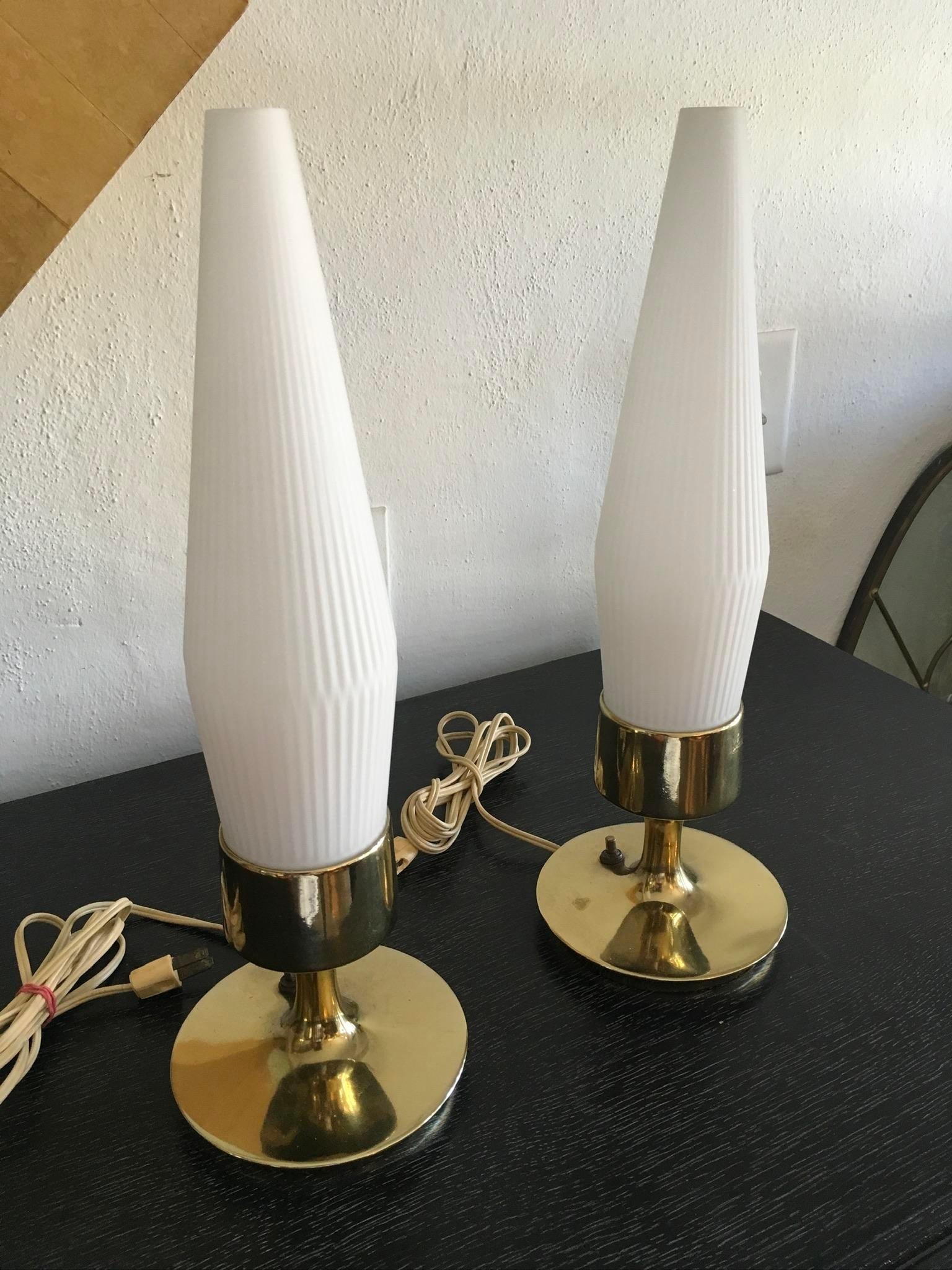 Pair of Mid-Century Modern or Space Age Brass & Frosted Glass Table Lamps - Laurel Lamp Mfg. - 2