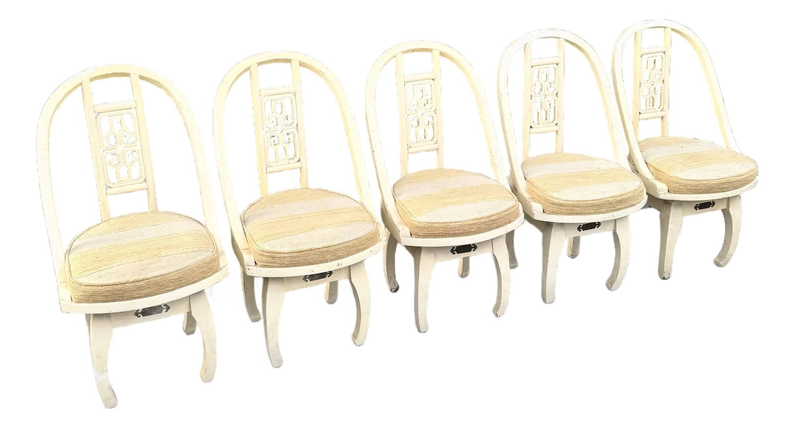 Ming Style Cream Wooden Swivel Dining Chairs - Set of 5: This elegant set of five Ming-style dining chairs features graceful Asian-inspired curves and detailed fretwork backrests. Crafted from solid wood and finished in a soft cream tone, each chair