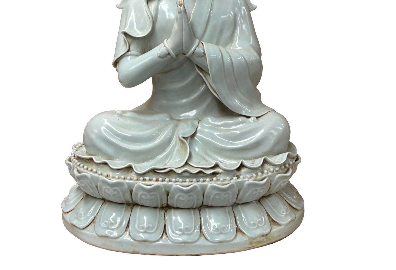 Pale Celadon White Anjali Mudra GuanYin Bodhisattva Tong Style Porcelain Statue - 3
