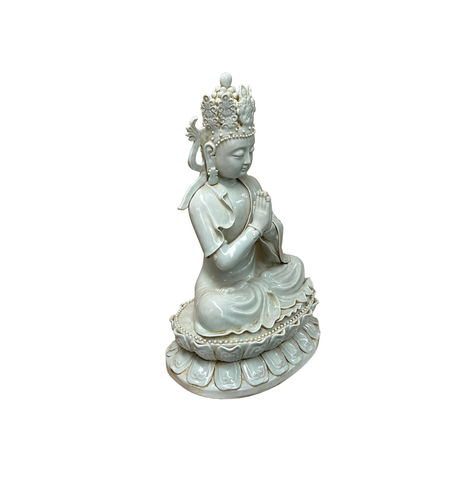 Pale Celadon White Anjali Mudra GuanYin Bodhisattva Tong Style Porcelain Statue - 4