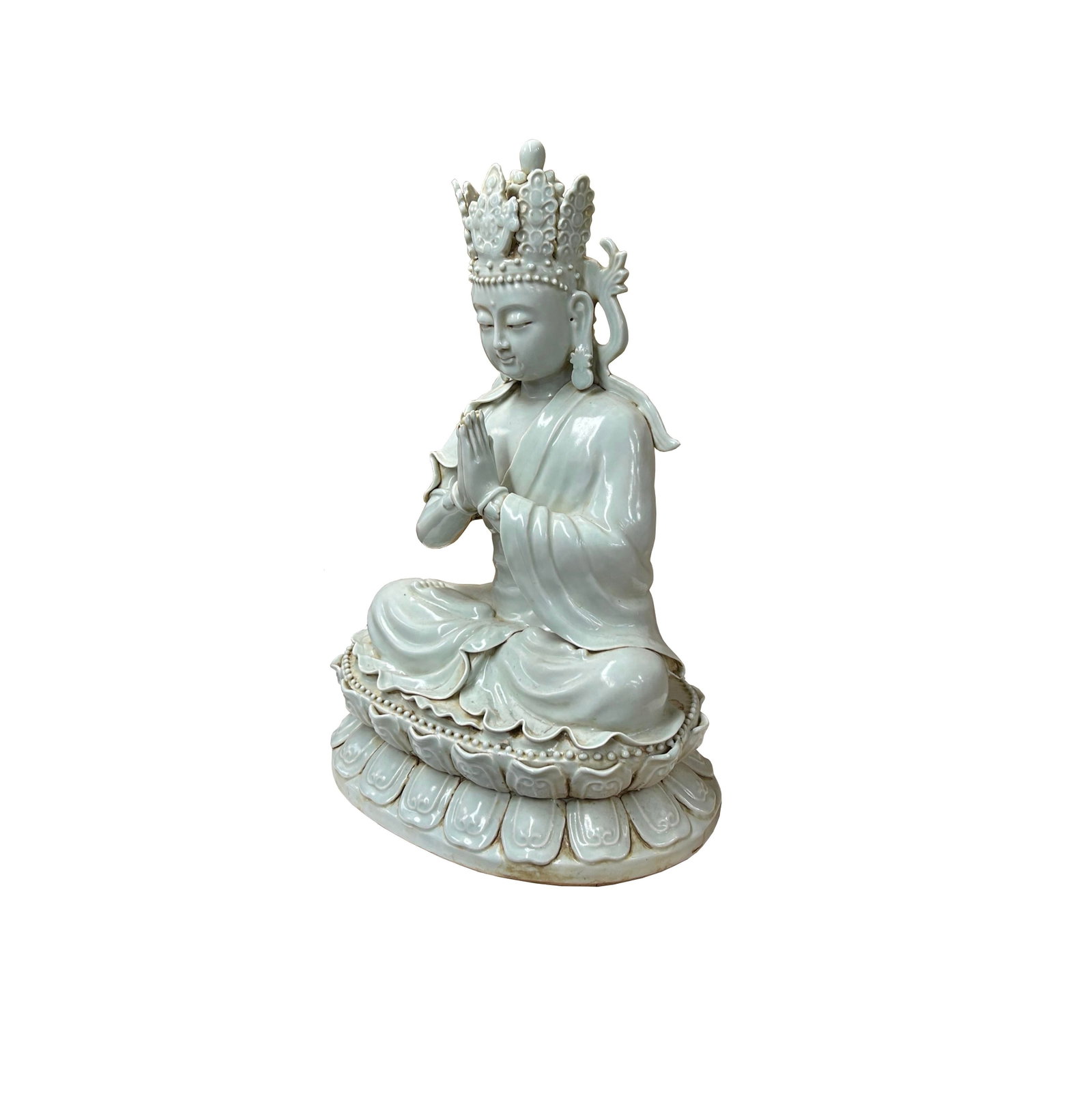 Pale Celadon White Anjali Mudra GuanYin Bodhisattva Tong Style Porcelain Statue - 5