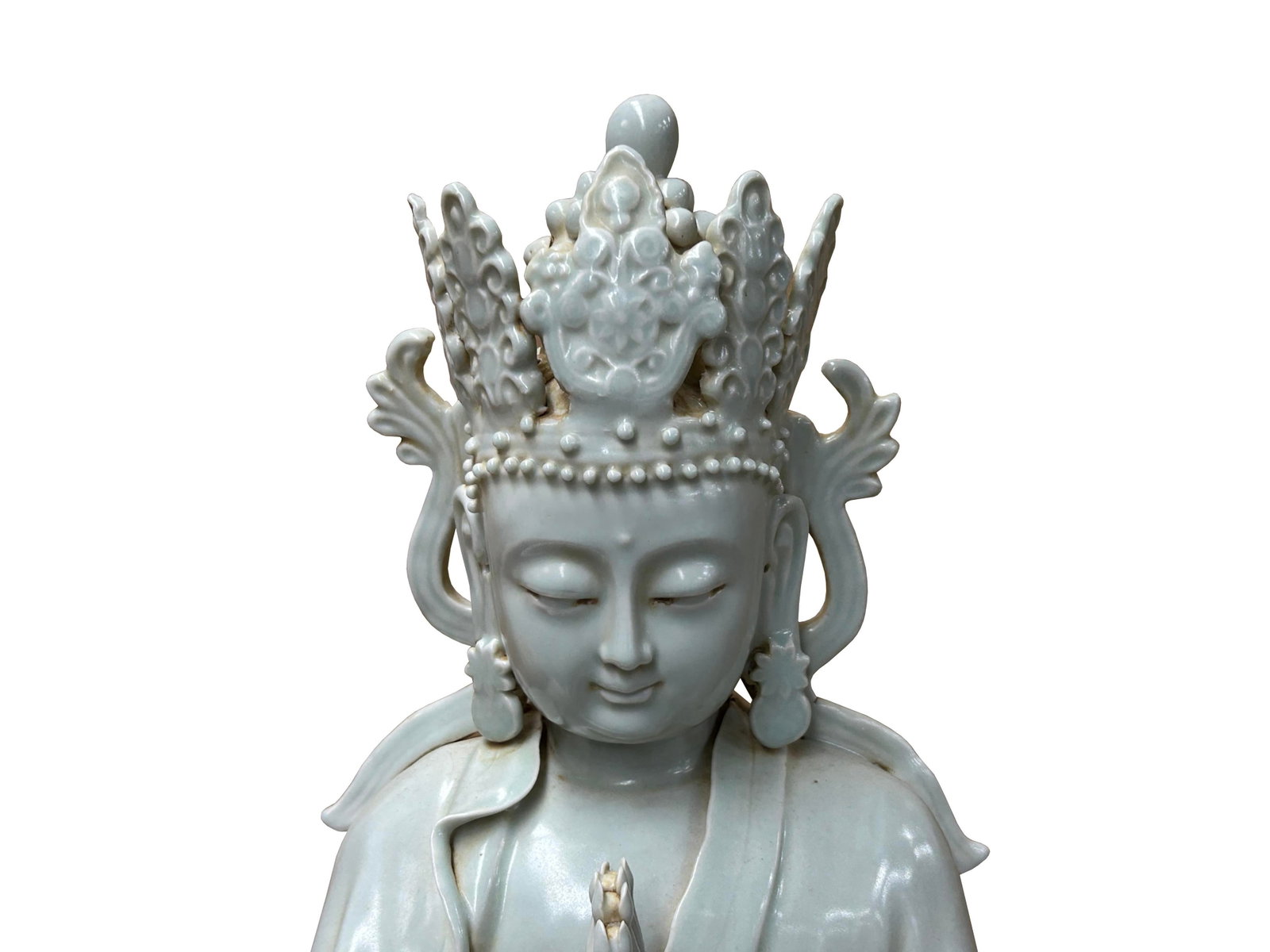 Pale Celadon White Anjali Mudra GuanYin Bodhisattva Tong Style Porcelain Statue - 6