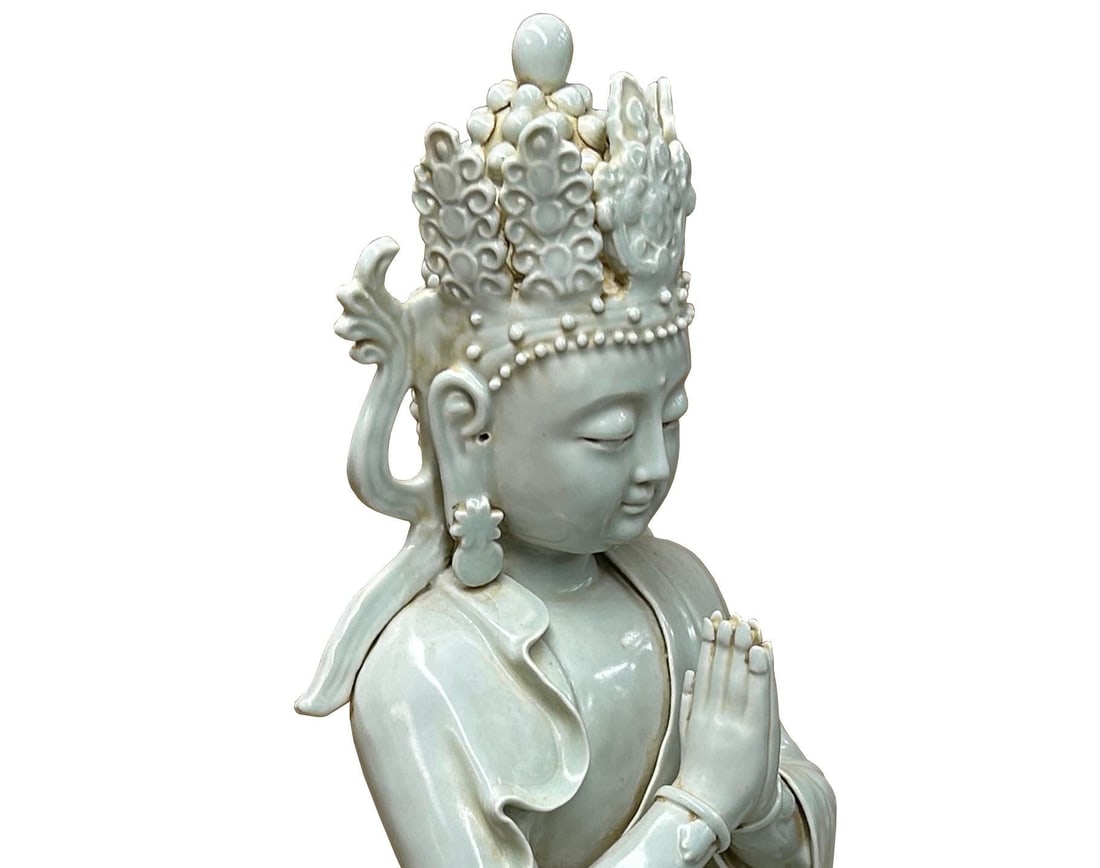 Pale Celadon White Anjali Mudra GuanYin Bodhisattva Tong Style Porcelain Statue - 7