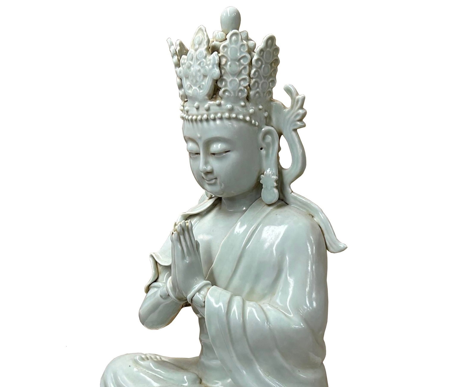 Pale Celadon White Anjali Mudra GuanYin Bodhisattva Tong Style Porcelain Statue - 8