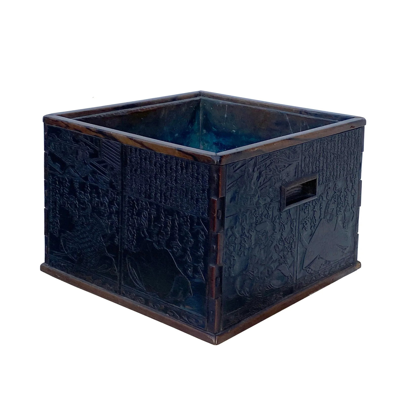 Vintage Chinese Dimensional Relief Motif Square Wood Metal Storage Box - 10