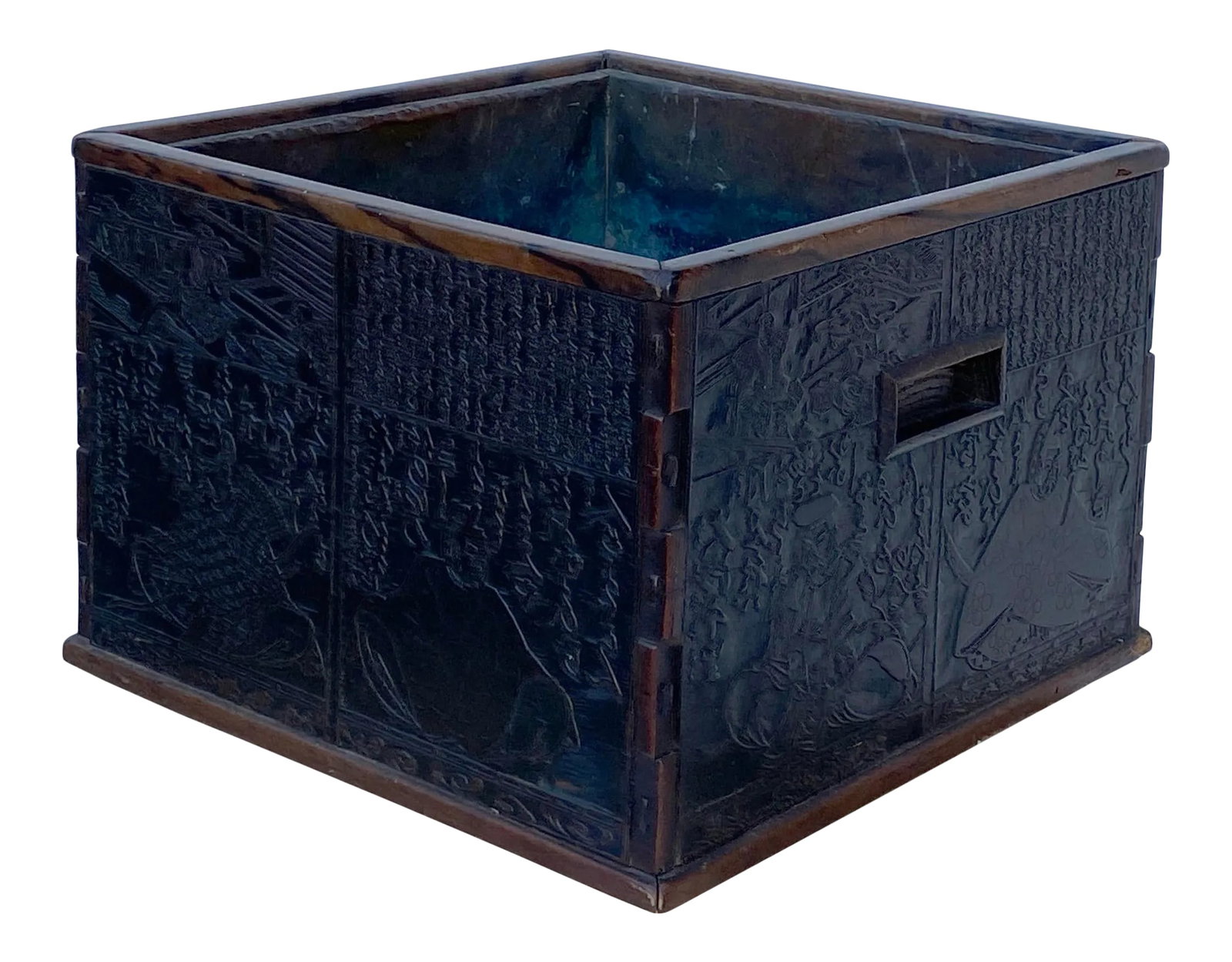 Vintage Chinese Dimensional Relief Motif Square Wood Metal Storage Box: This is a vintage finish square wood box with an open top. It is made of wood frame outside and metal inside. The body is carved with a dimensional relief Chinese calligraphy and people scenery