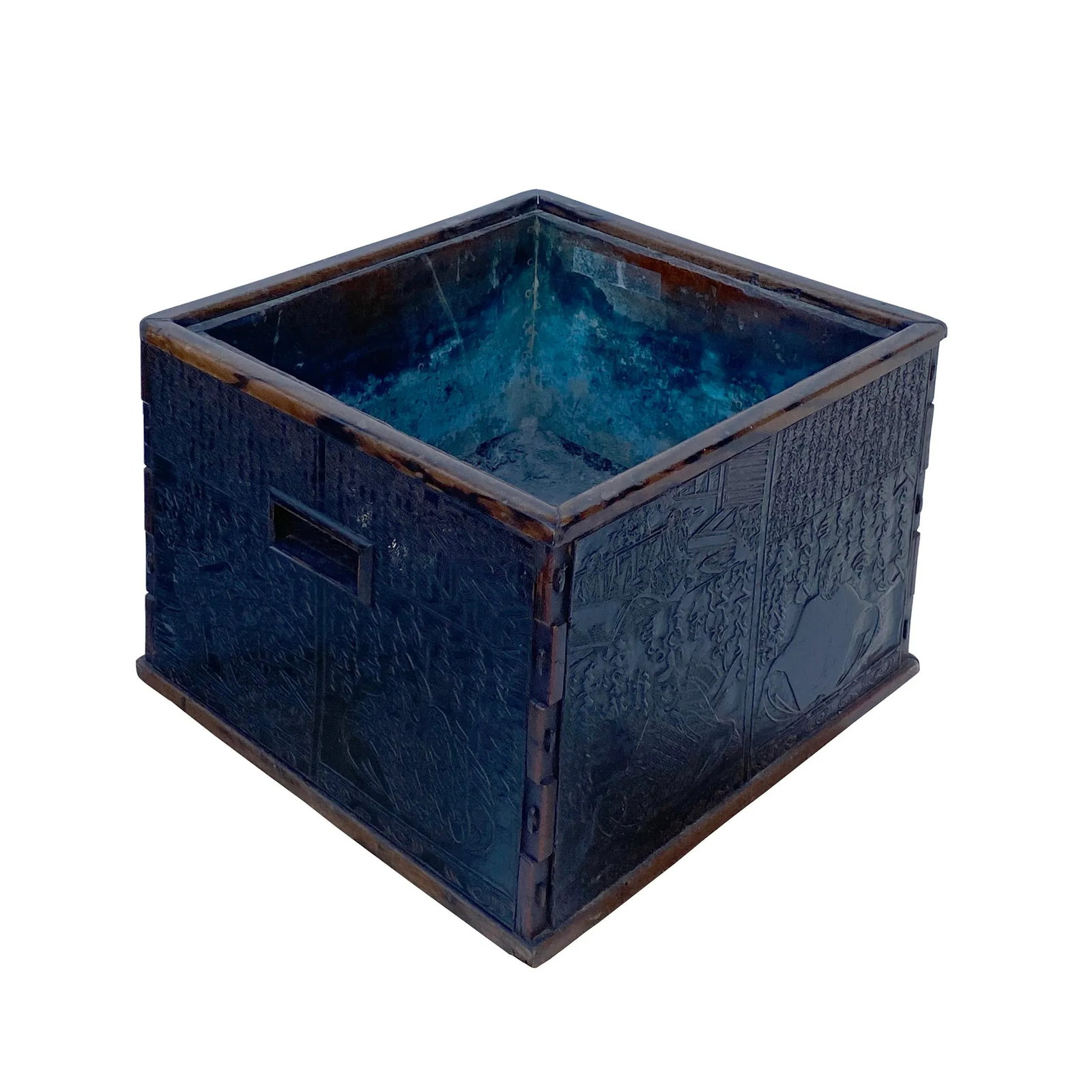 Vintage Chinese Dimensional Relief Motif Square Wood Metal Storage Box - 2