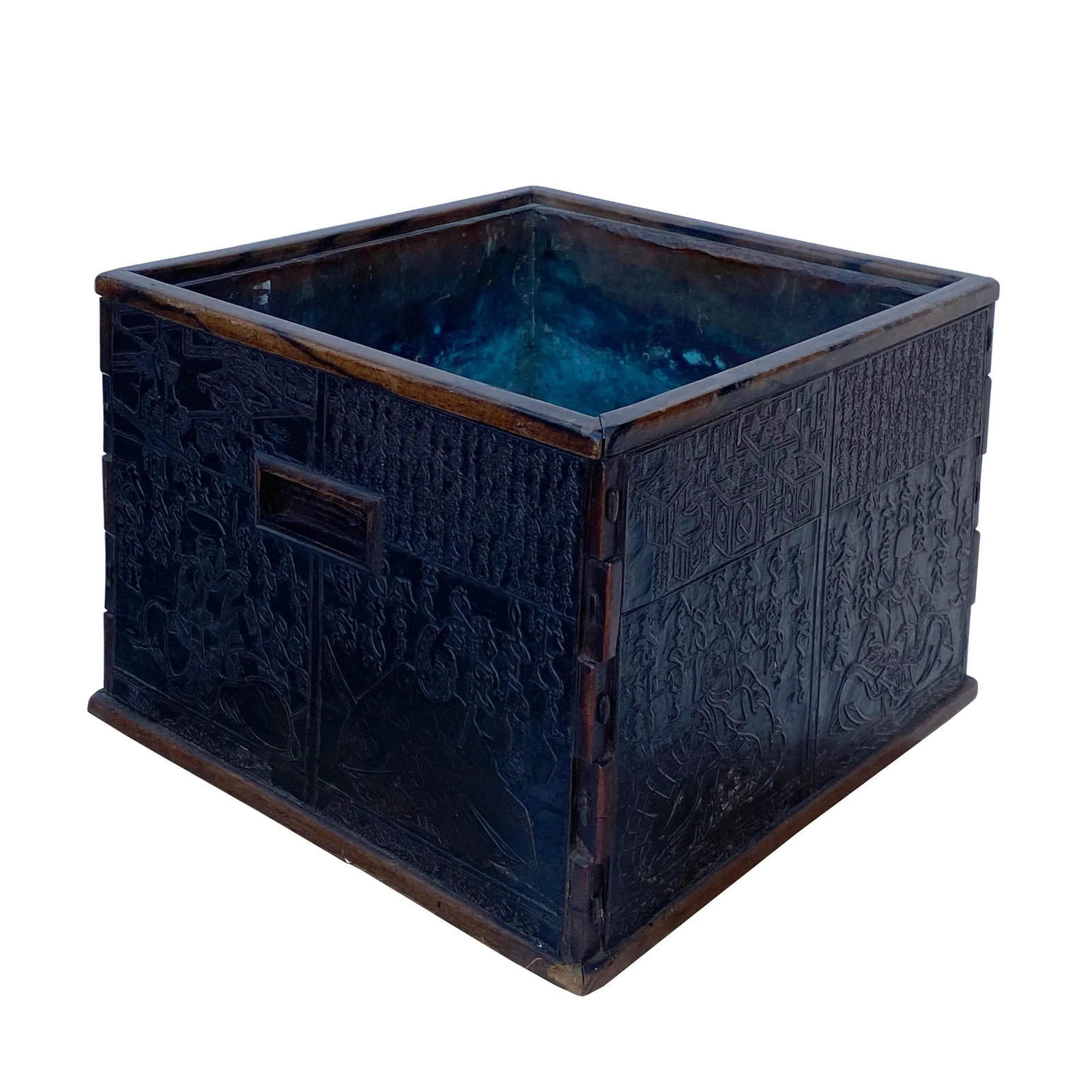Vintage Chinese Dimensional Relief Motif Square Wood Metal Storage Box - 4