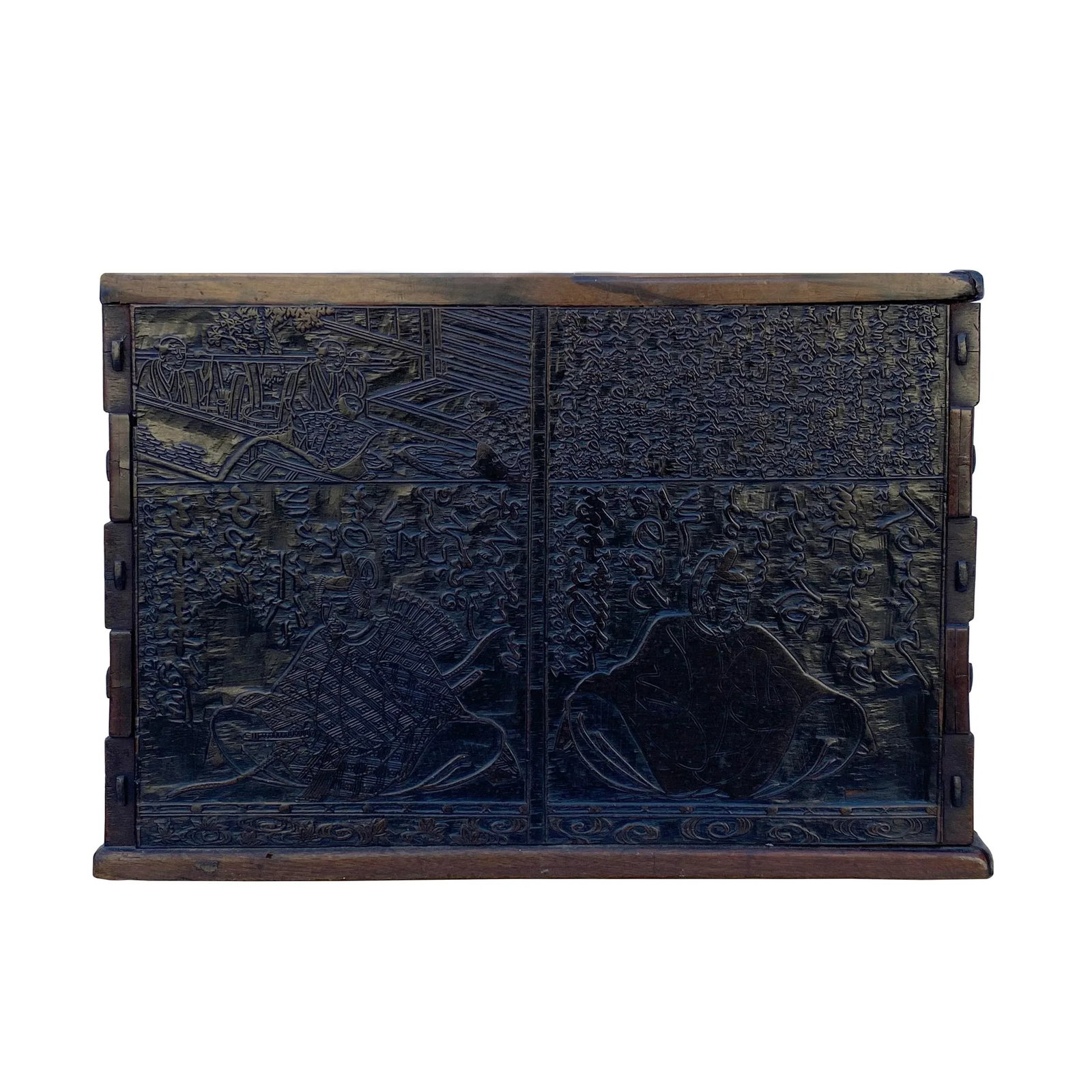 Vintage Chinese Dimensional Relief Motif Square Wood Metal Storage Box - 5