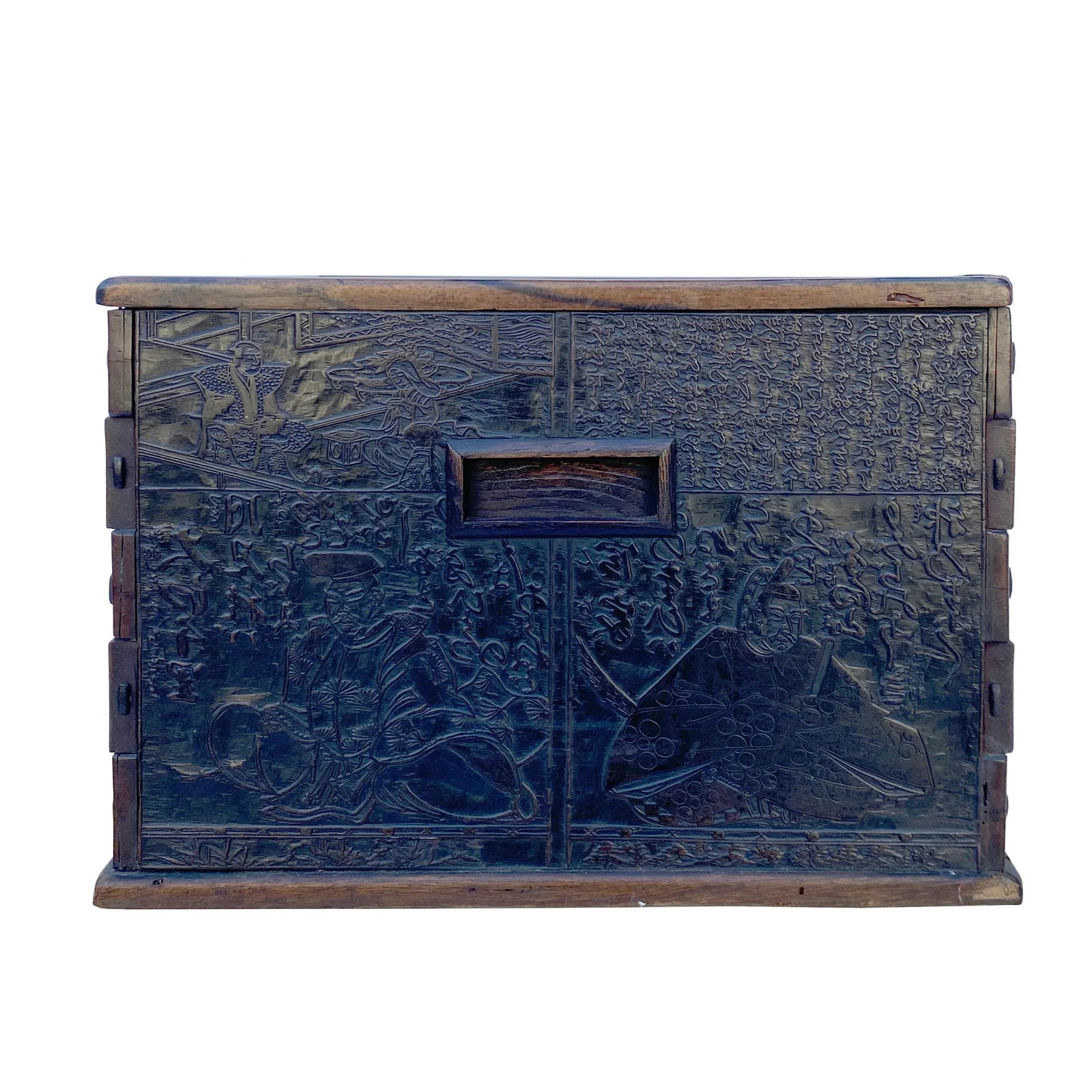 Vintage Chinese Dimensional Relief Motif Square Wood Metal Storage Box - 8