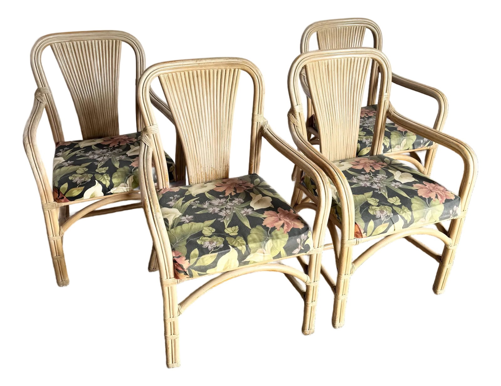 Vintage Washed Rattan Floral Dining Arm Chairs - Set of 4 (1 of 7)