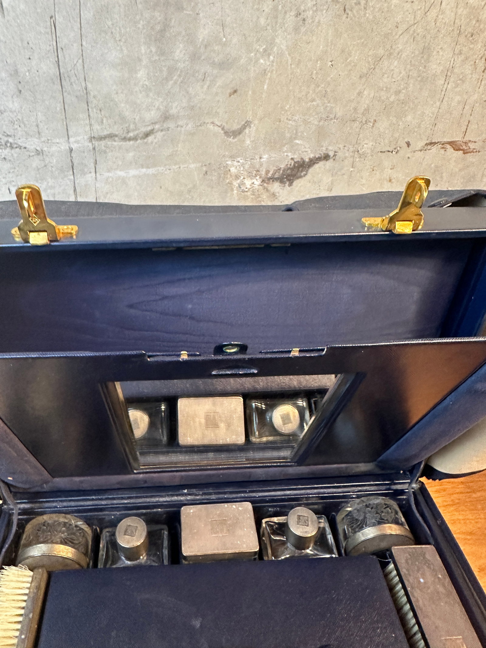 Antique Morabito Paris Men's Fitted Travel Vanity Case Navy Leather & Glass Grooming Set - 10