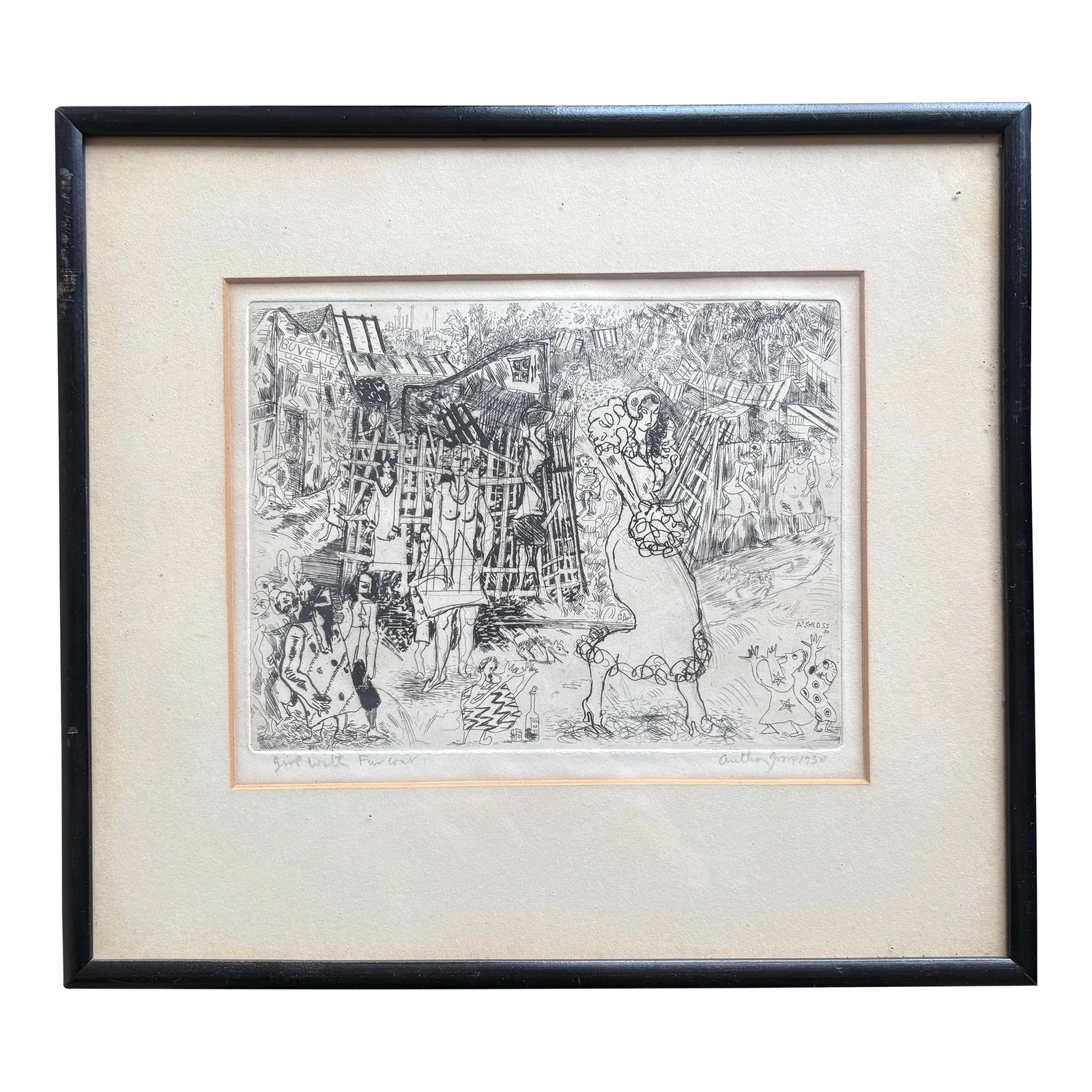 1930 Anthony Gross Etching "Girl in Fur Coat" in Original Frame - Matted/Signed/Dated/Framed: 1930 Anthony Gross Etching "Girl in Fur Coat" in Original Frame - Signed and Matted. This etching is spectacular, depicting varied figures and spaces in great detail. It is expressive, whimisical and