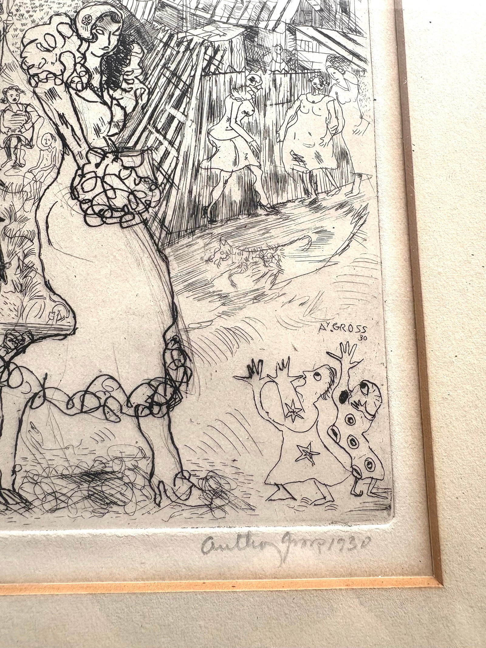 1930 Anthony Gross Etching "Girl in Fur Coat" in Original Frame - Matted/Signed/Dated/Framed - 3