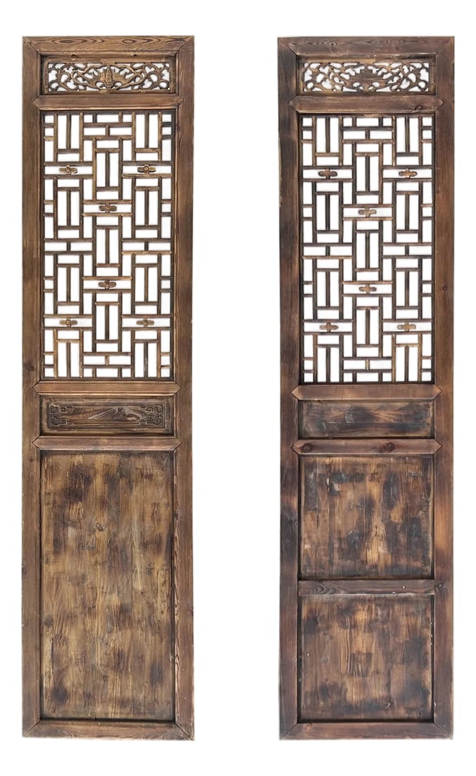 Pair Oriental Bats Floral Geometric Lattice Pattern Tall Wood Door Panel Screen (1 of 6)