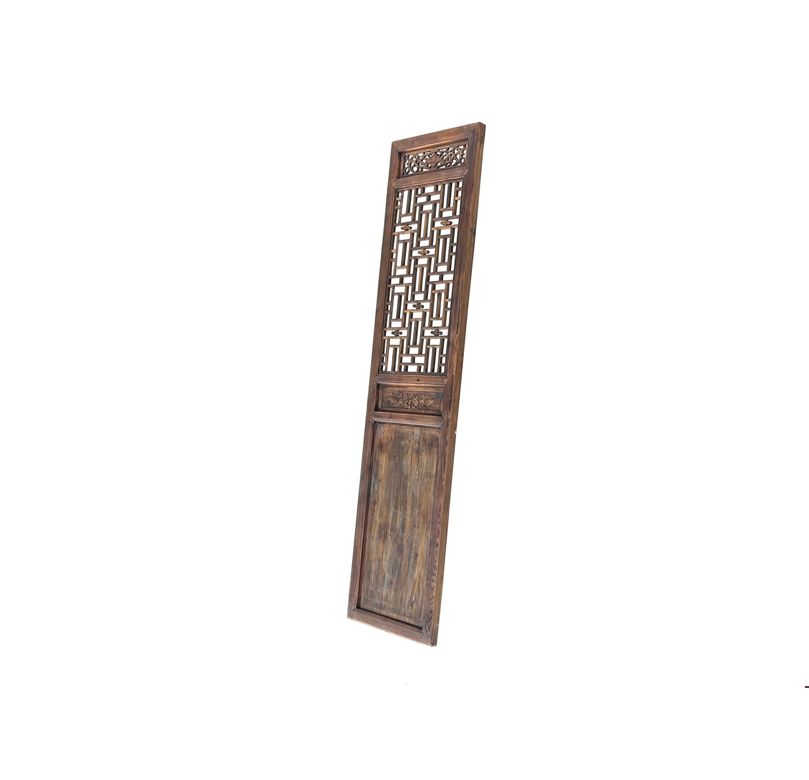 Pair Oriental Bats Floral Geometric Lattice Pattern Tall Wood Door Panel Screen - 2