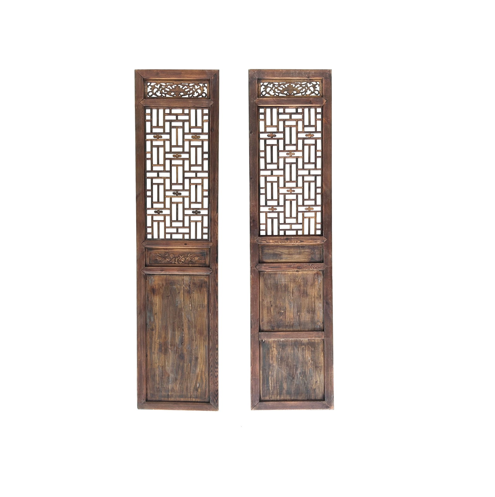 Pair Oriental Bats Floral Geometric Lattice Pattern Tall Wood Door Panel Screen - 4