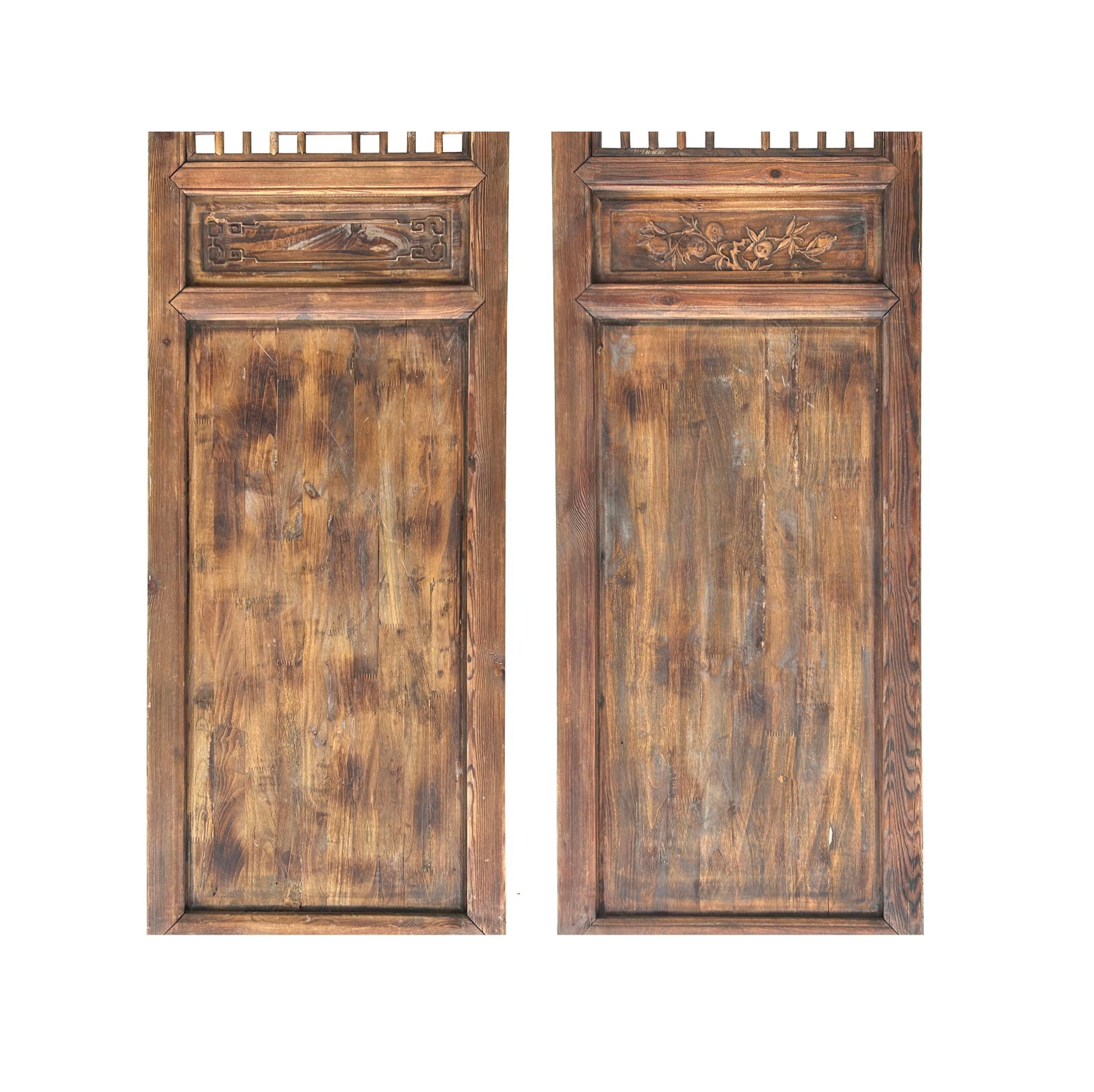 Pair Oriental Bats Floral Geometric Lattice Pattern Tall Wood Door Panel Screen - 5