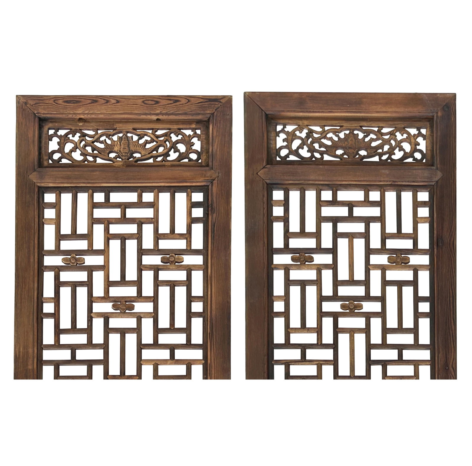 Pair Oriental Bats Floral Geometric Lattice Pattern Tall Wood Door Panel Screen - 6