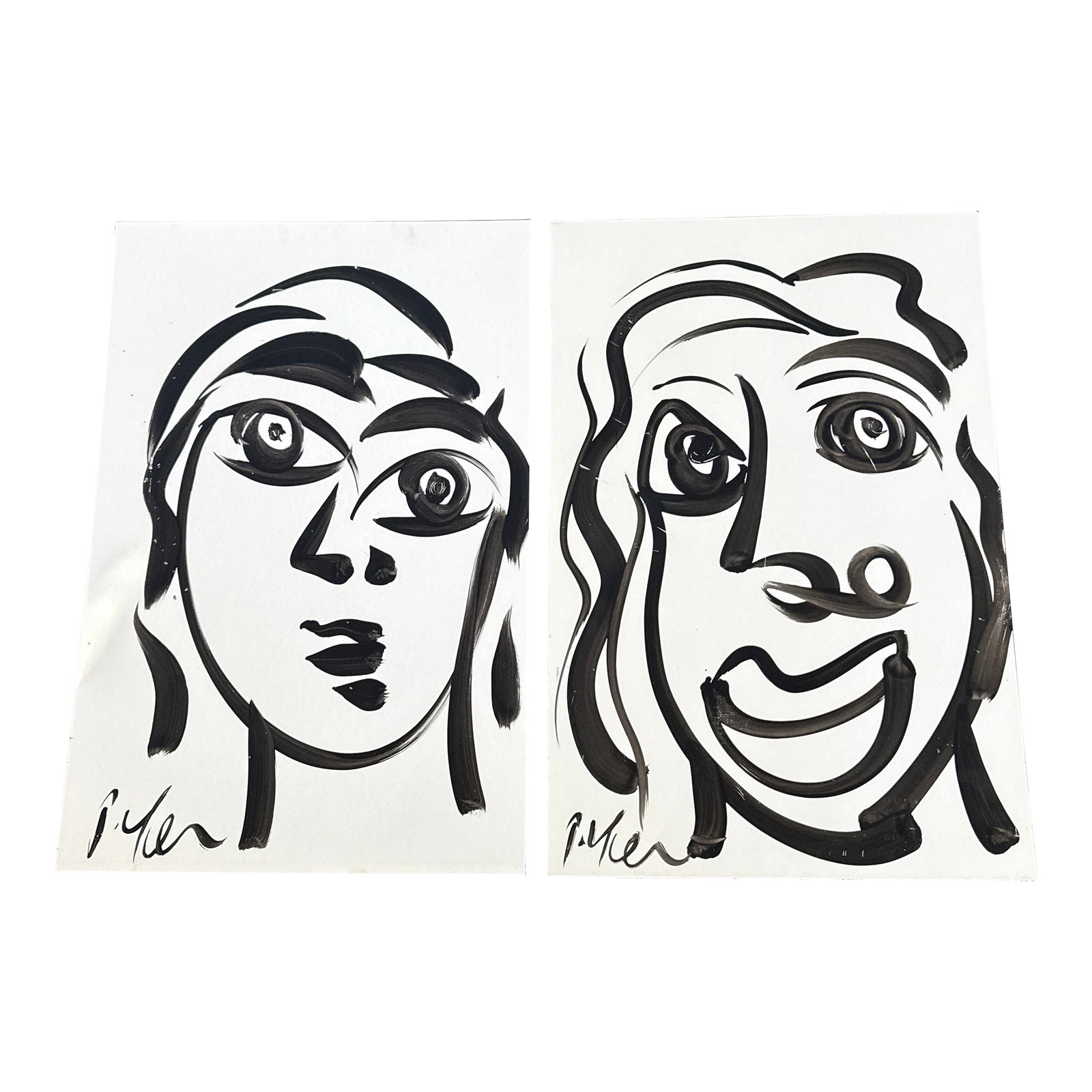 Peter Keil Black and White 20th Century Portrait Paintings, a Pair: Great pair of original paintings by Peter Keil. Each are on hard painters board and depict cubist abstract people in black and white. Ready to frame or use as they are. COA on back guaranteed