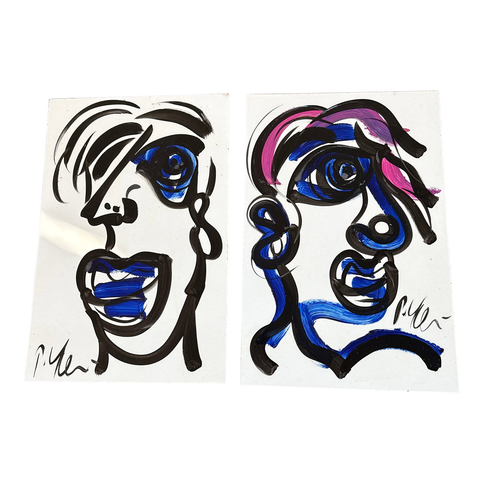20th Century Cubist Profile Paintings by Peter Keil a Pair: Great pair of original paintings by Peter Keil. Each are on hard painters board and depict cubist abstract profiles in black, blue and pink. Ready to frame or use as they are. COA on back guaranteed a