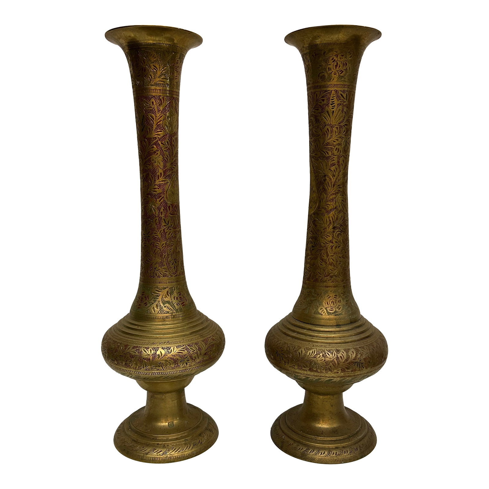 Pair of Tall Engraved Brass Vases: India, Mid-20th Century (c. 1960–1980) This is a matched pair of tall hand-engraved brass vases produced in Northern India"”likely in the Kashmir or Moradabad region"”during the