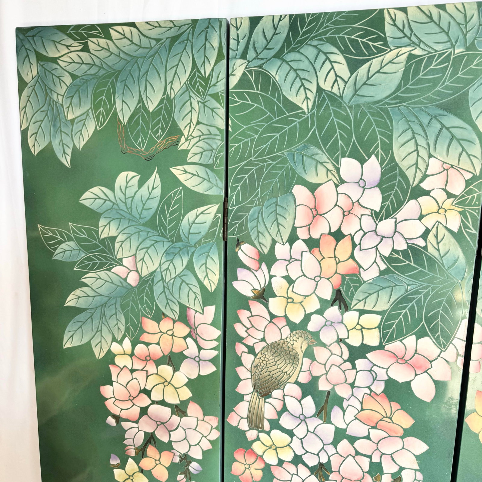 Vintage Chinese Hand Painted and Carved Green Room Divider/Screen - 8