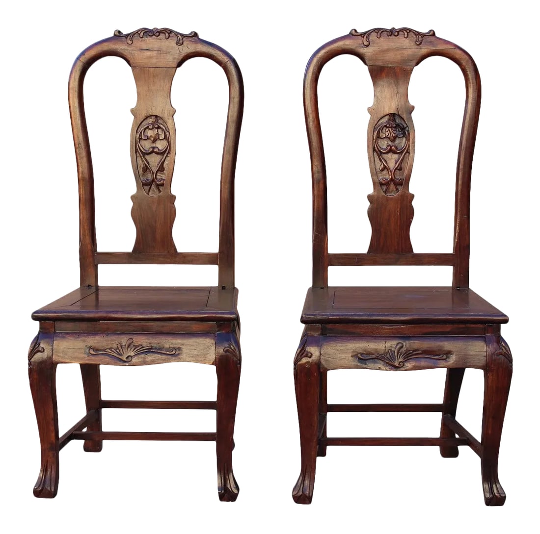 Chinese Old Shanghai Design Solid Red Wood SuanZhiMu Rosewood Chairs - a Pair: This pair of handcrafted side chairs showcases a striking fusion of East Asian craftsmanship and classical silhouette. Each chair features a tall, open back defined by a gracefully curved crest rail