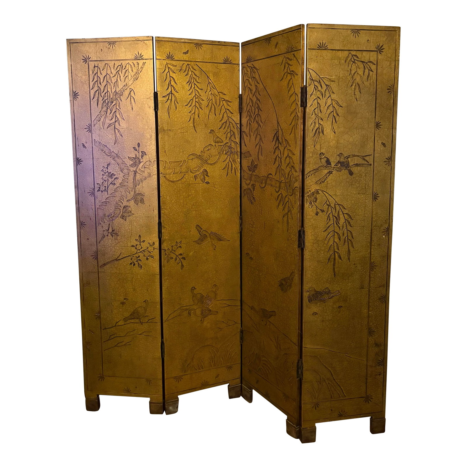 Antique Asian Four Panel Lacquered Screen With Gold Leaf and Brass Hinges: Exquisite antique hand-carved four-panel golden screen constructed from lacquered wooden panels with gold leaf, as well as brass hinges and cap feet. Each side of the screen features different