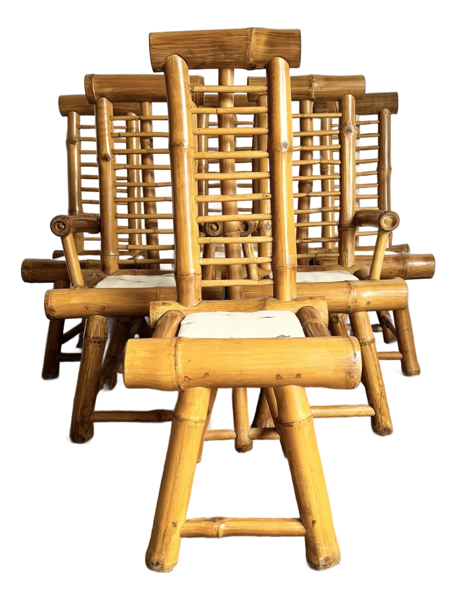 Vintage Boho Chic Chunky Bamboo Dining Chairs - Set of 6: This set of six Vintage Boho Chic Chunky Bamboo Dining Chairs embodies the warm, organic character that defines classic island-inspired design. Crafted from thick, richly toned bamboo poles, each