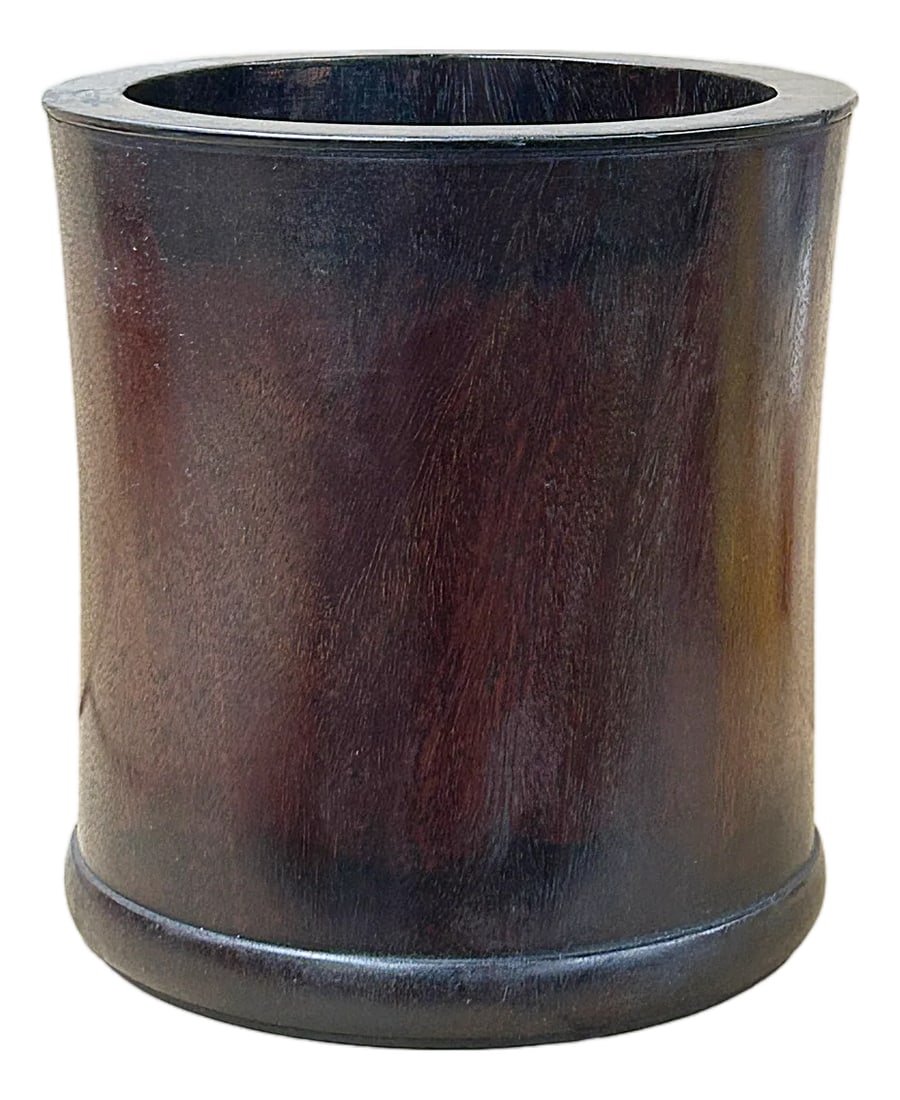 Chinese Rosewood Natural Patina Brush Pen Holder Art: This elegant antique Chinese wood bitong, or brush pot, is a masterpiece of understated scholarly refinement. Carved from a single piece of dense, dark hardwood"”likely rosewood that has aged