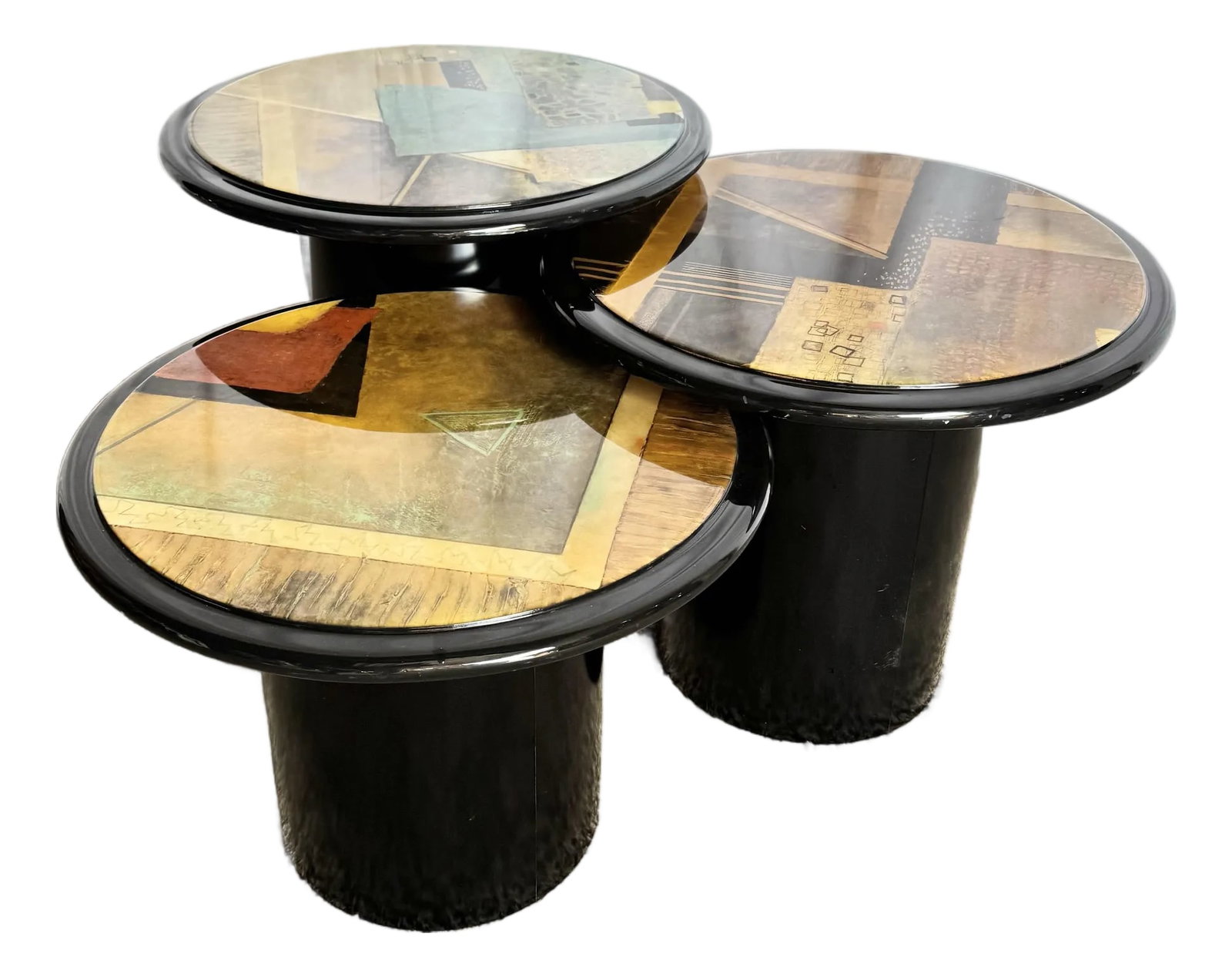 Postmodern Black and Abstract Nesting Mushroom Tables - Set of 3: A striking trio of postmodern nesting tables, each crowned with a glossy abstract art surface that blends geometric form with warm, painterly tones. The bold black cylindrical bases create a