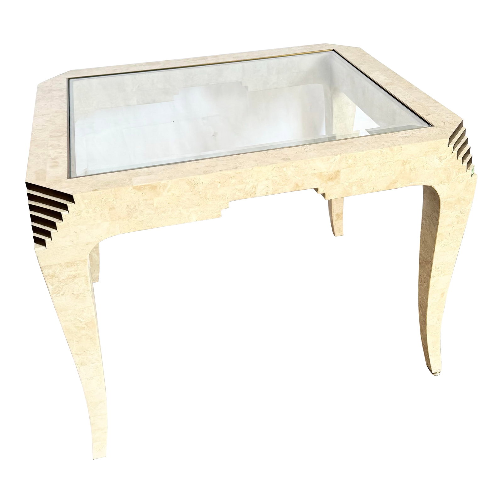 Postmodern Tessellated Stone and Brass Glass Top Side Table: A striking Postmodern side table showcasing sculptural lines and exquisite craftsmanship. The tessellated stone frame offers a soft, creamy tone, paired with stepped brass accents that highlight its a