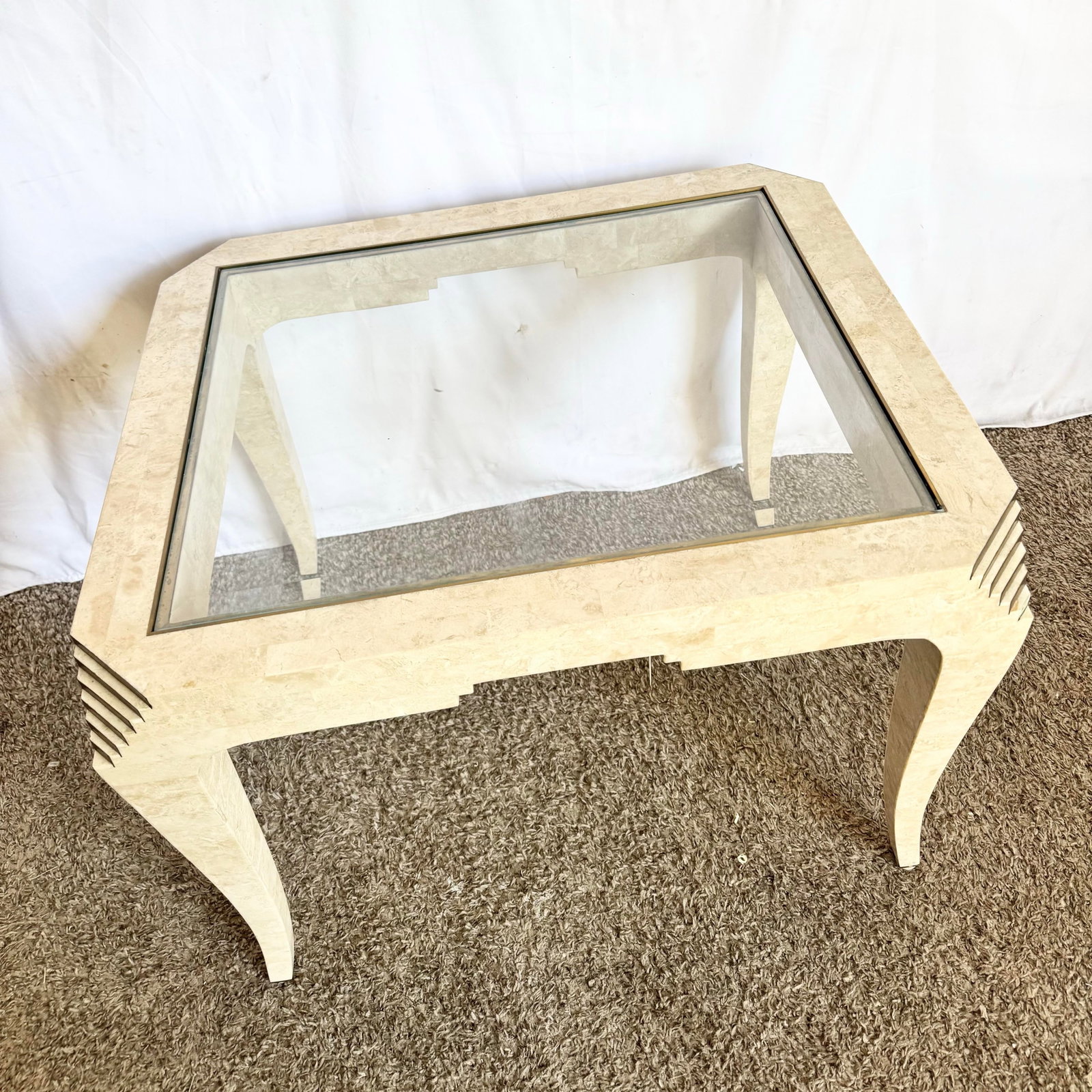 Postmodern Tessellated Stone and Brass Glass Top Side Table - 2