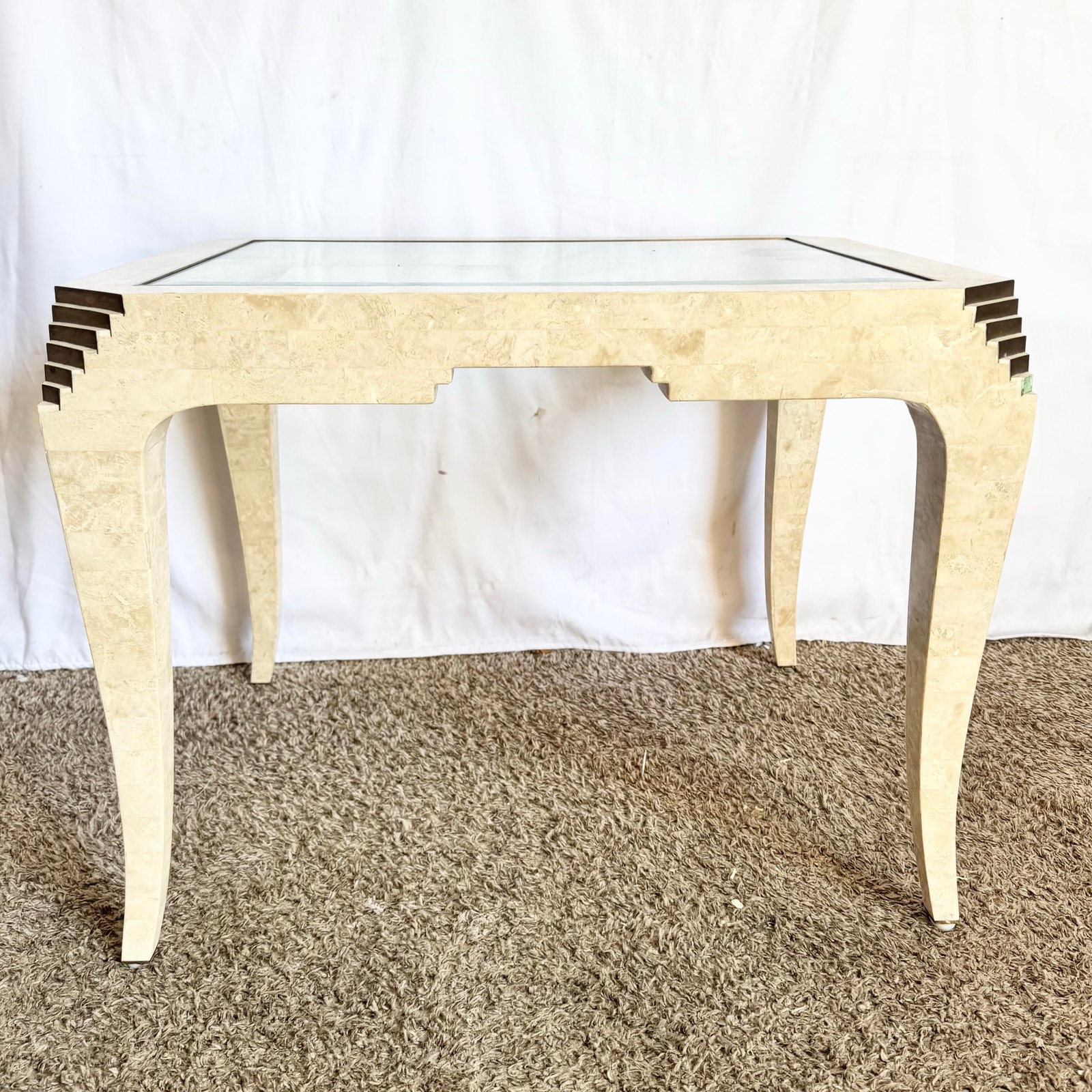 Postmodern Tessellated Stone and Brass Glass Top Side Table - 3