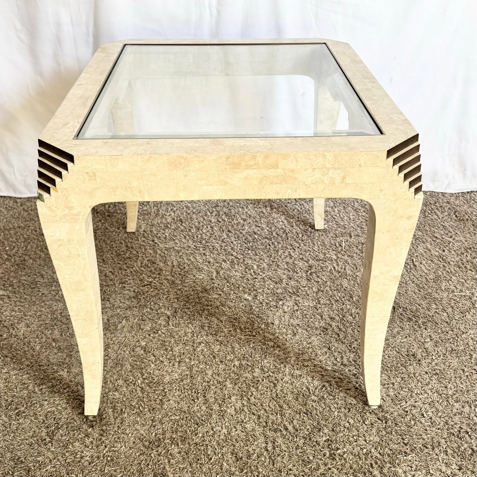 Postmodern Tessellated Stone and Brass Glass Top Side Table - 5