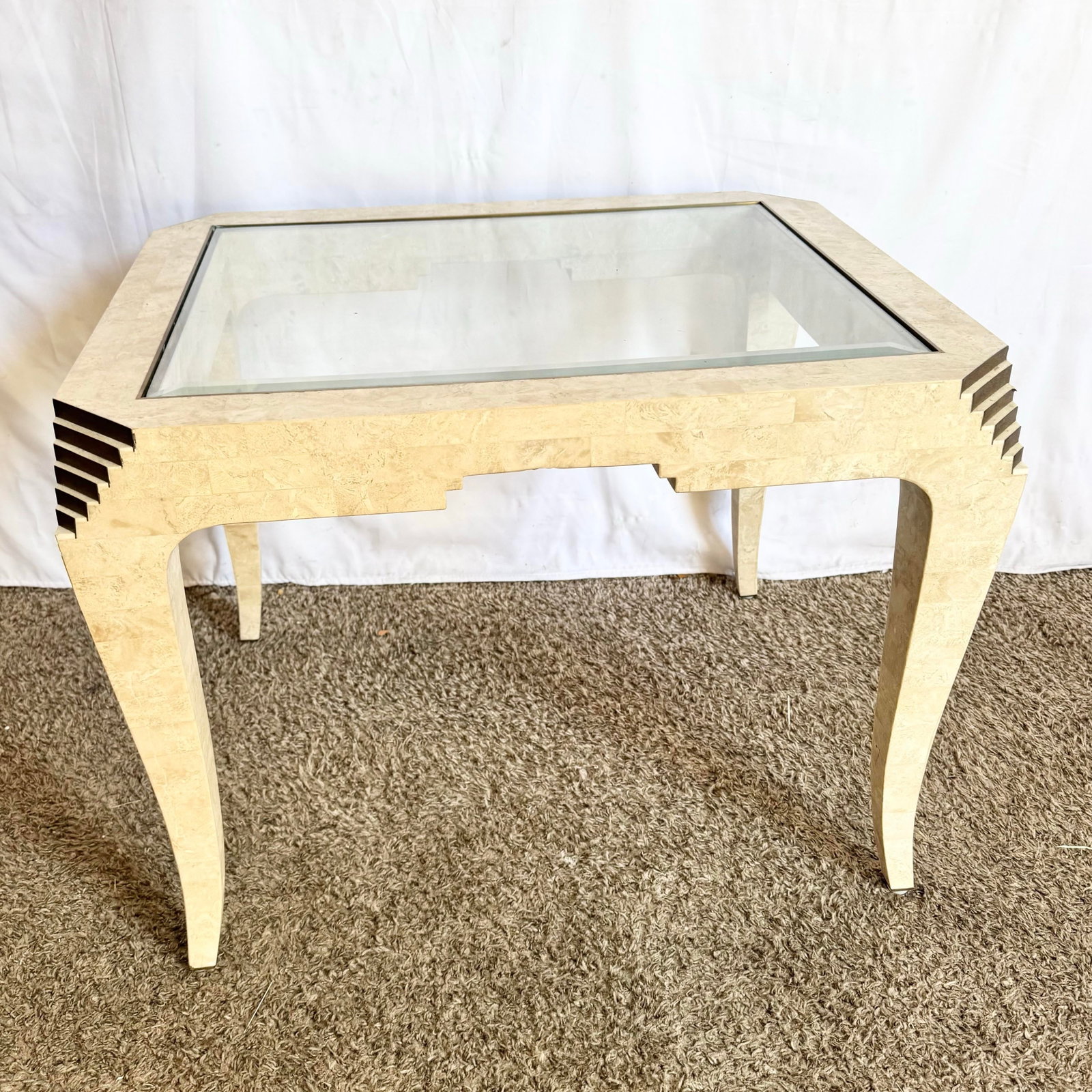 Postmodern Tessellated Stone and Brass Glass Top Side Table - 6