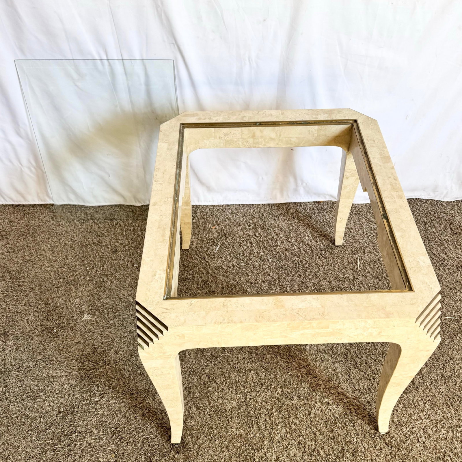 Postmodern Tessellated Stone and Brass Glass Top Side Table - 7
