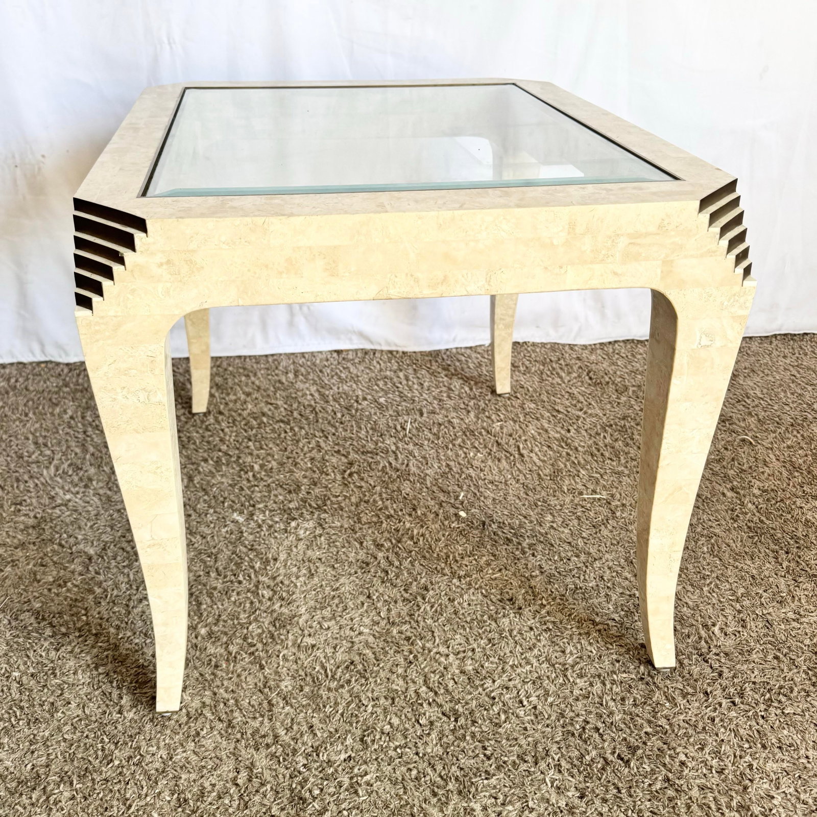 Postmodern Tessellated Stone and Brass Glass Top Side Table - 9