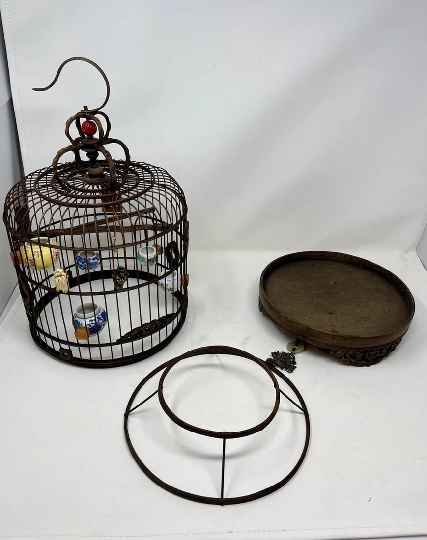 19th C Chinese Bamboo Birdcage Fully Ornamented, Hand Carved Dragon Perch. - 11