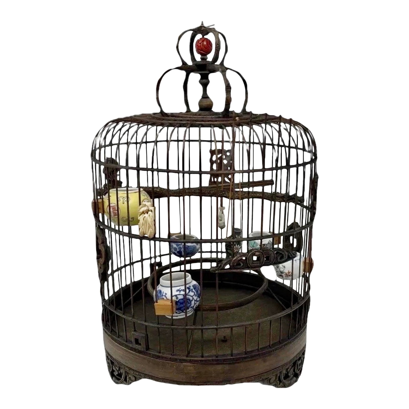 19th C Chinese Bamboo Birdcage Fully Ornamented, Hand Carved Dragon Perch.: This beautiful birdcage is work of art in itself. Rare find featuring a double ended carved dragon perch, hand painted eggshell porcelain pots, two extra, jade and enameled toys-signed, accented with 