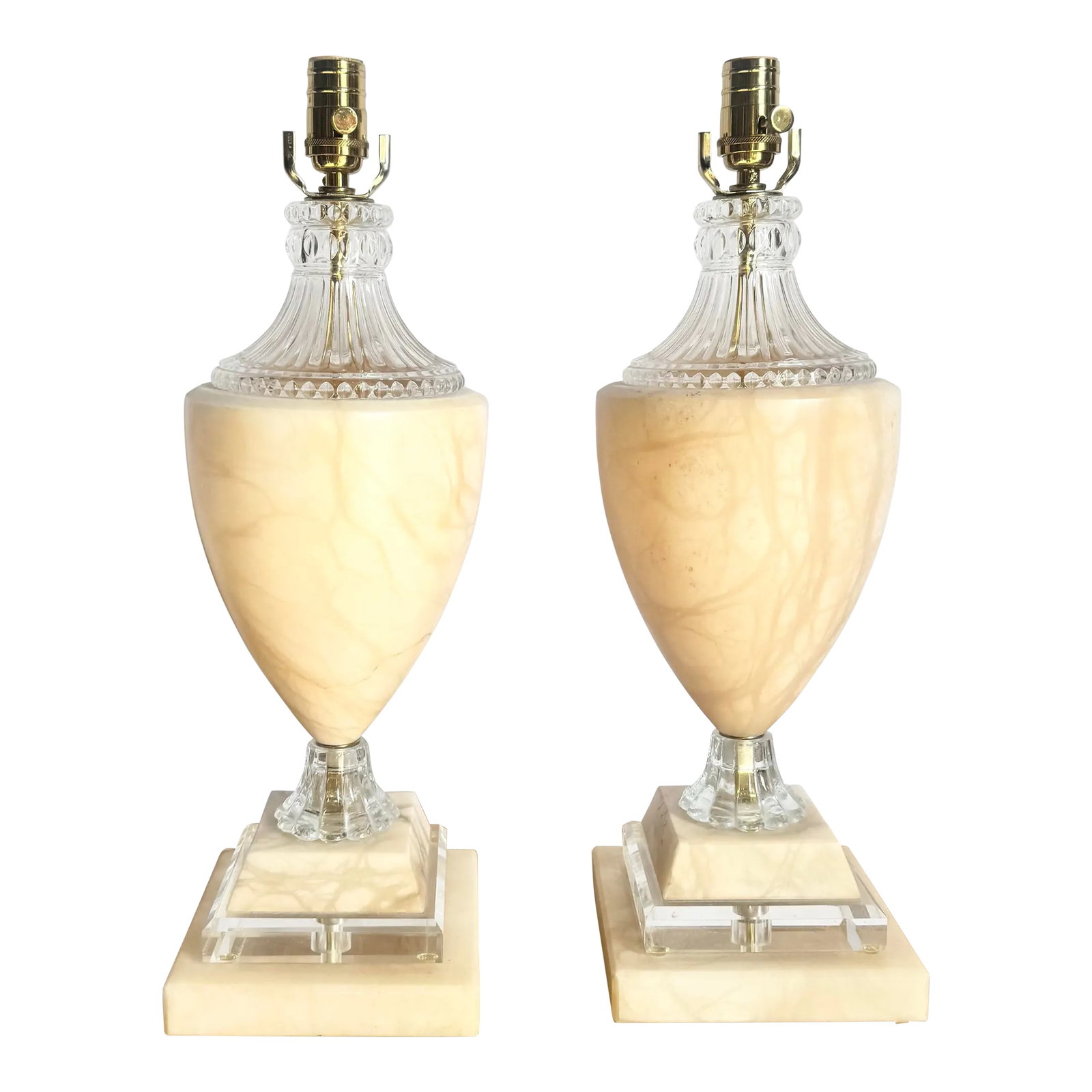 Vintage Spanish Alabaster Crystal and Lucite Table Lamps - A Pair: Crafted in Spain, this exquisite pair of alabaster table lamps showcases the timeless elegance of natural stone, enhanced by its signature creamy veining. Each lamp features a sculpted urn-form alabas