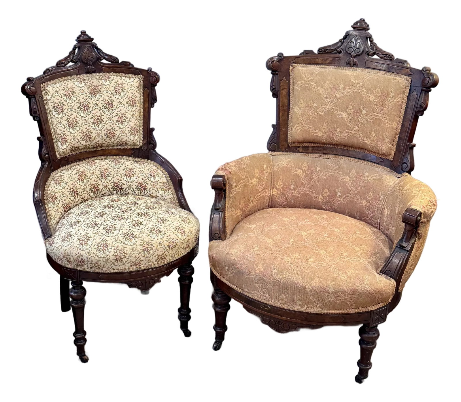 19th C Victorian Walnut Parlor Chairs, Set of Two: Beautiful set of John Jelliff parlor chairs. These 19th C Victorian chairs are a set, interestingly enough the gentleman's chair has the arms as the ladies chair needed room for her dress, why there