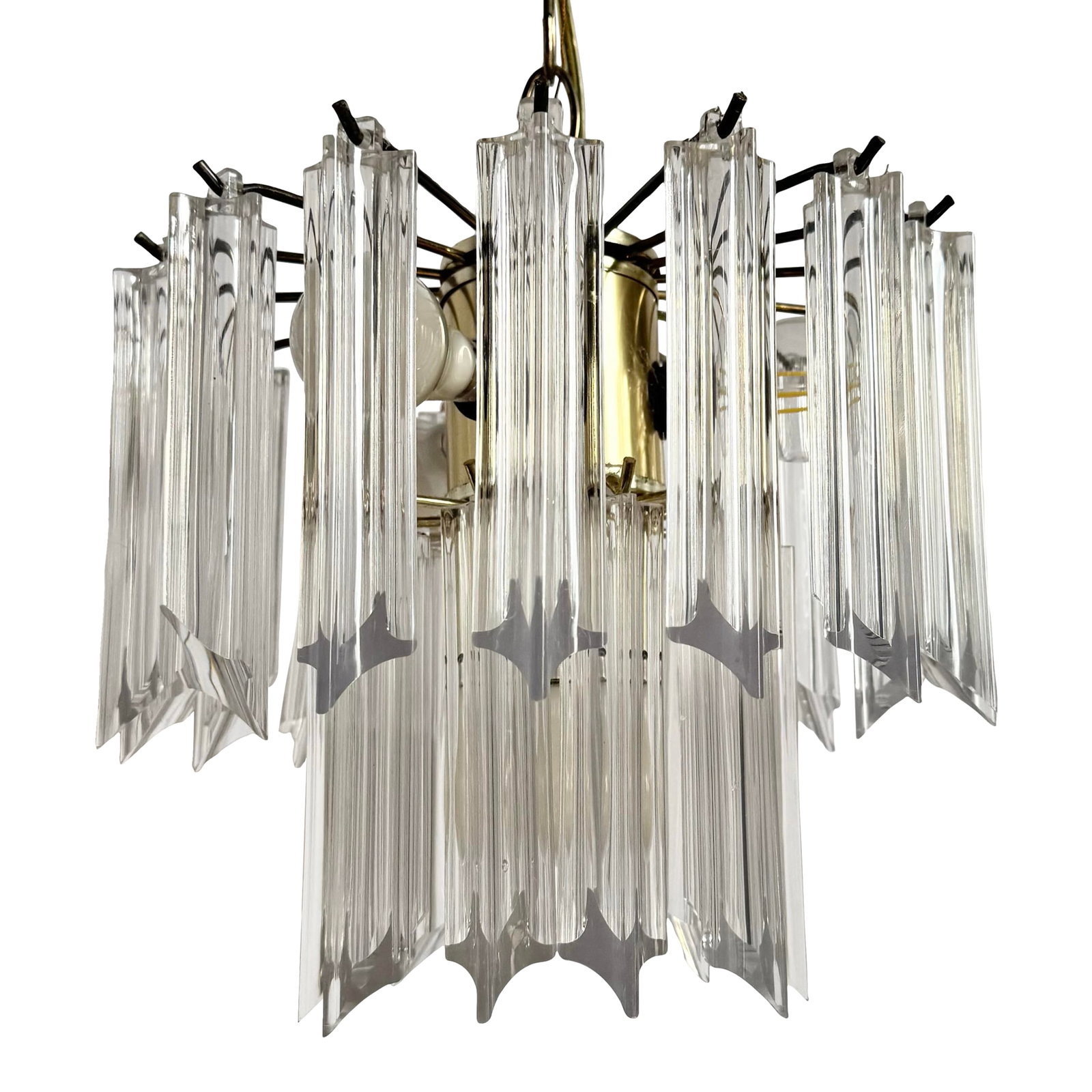 Art Deco Hanging Lucite Chandelier: Striking Art Deco hanging chandelier featuring tiered lucite panels suspended around a warm brass-toned frame. The faceted lucite elements catch and refract light beautifully, creating a dramatic geom