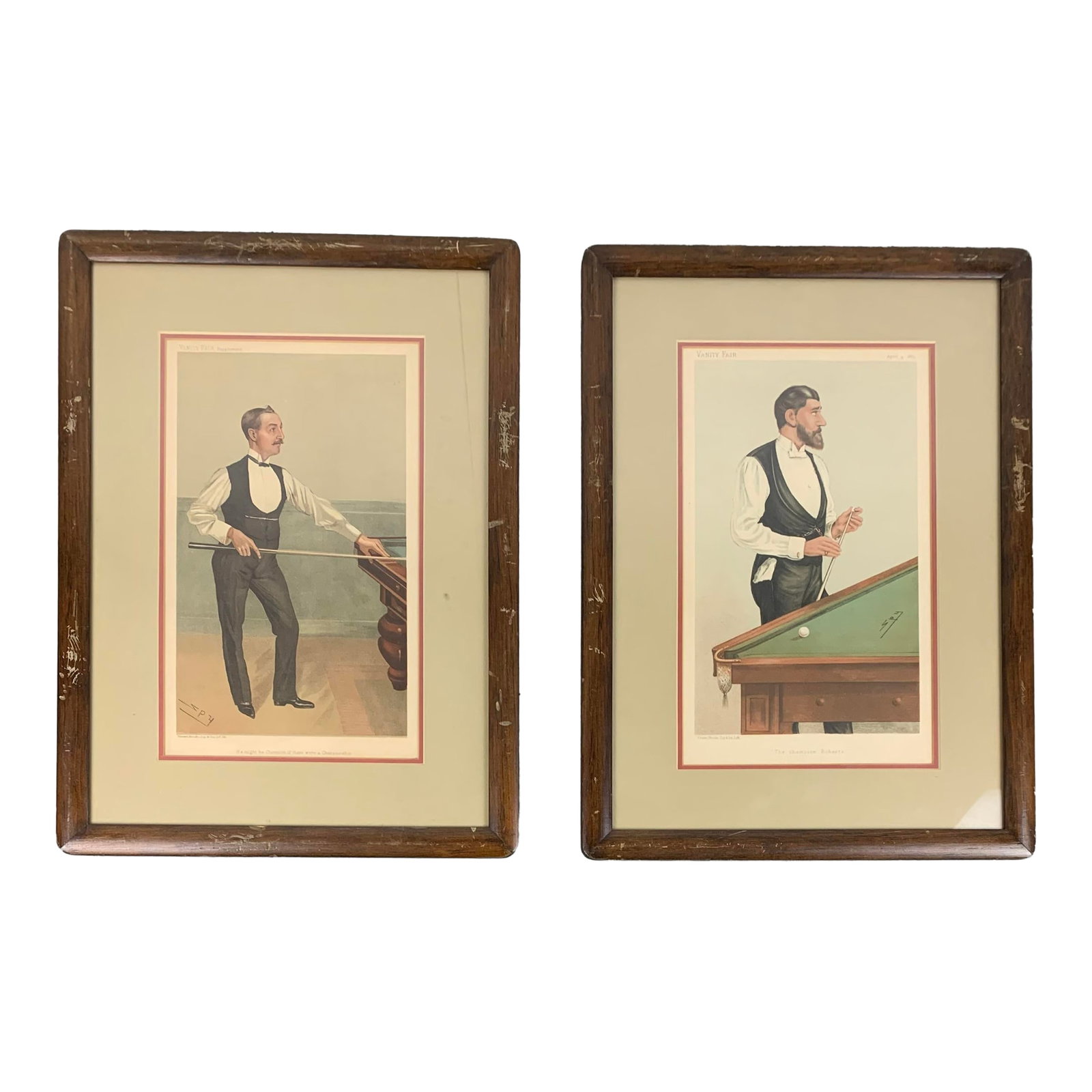 Antique Framed Vanity Fair English Billiard Prints, Set of 2: A pair of Antique framed Vanity Fair prints created by Sir Leslie Ward, known by the pseudonym "spy". The First prints subject is of Mr. H.W. Stevenson and the second is titled "The Champion" featurin