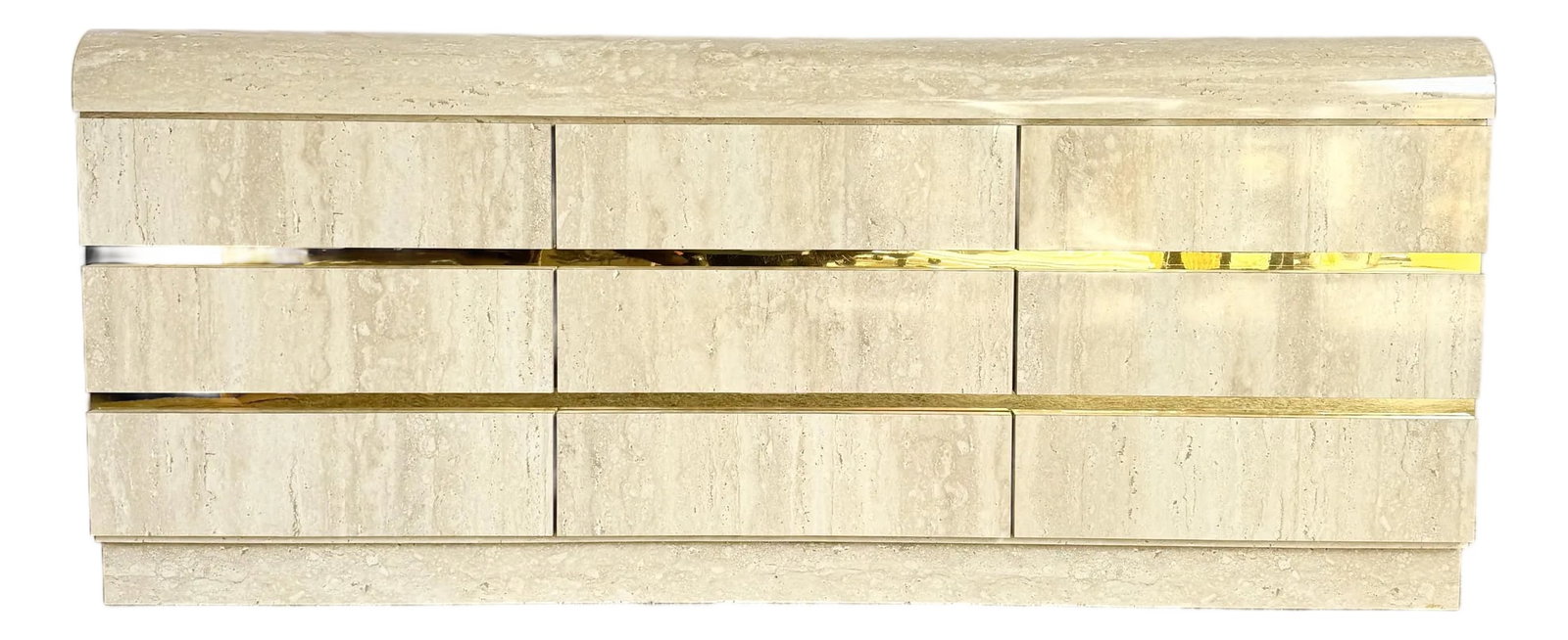 1980s Postmodern Faux Travertine Laminate Waterfall Dresser: A striking postmodern dresser showcasing the sculptural appeal of faux travertine laminate in a clean waterfall silhouette. The monolithic form is softened by warm stone-like veining and punctuated