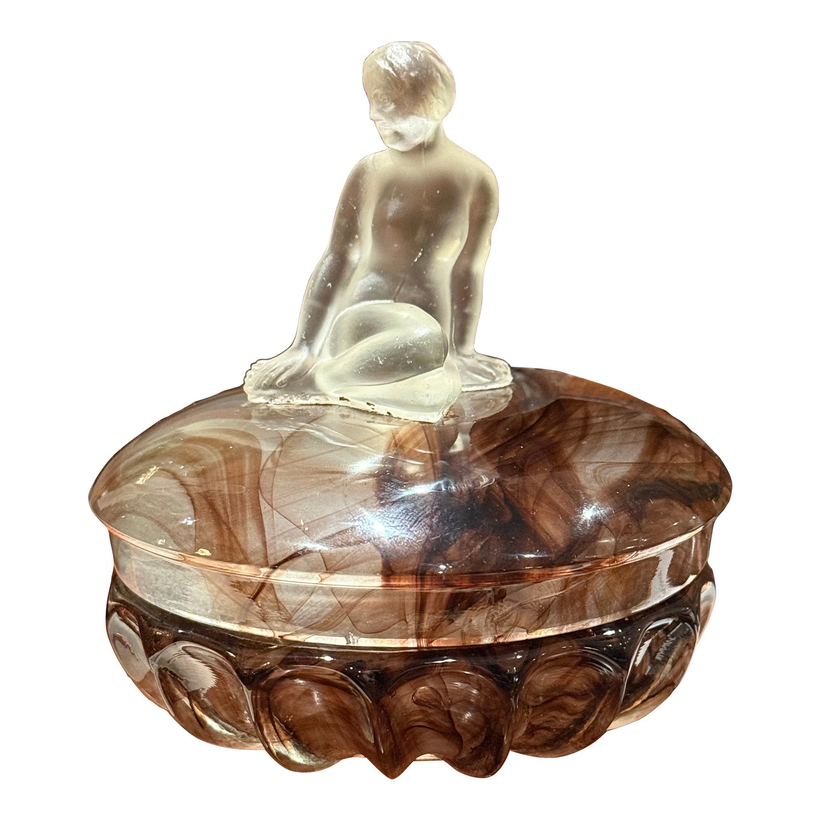 Antique Thomas Davidson Glass Jewelry Box England 1922 With Woman Sculpture: A beautiful antique glass jewelry box made by Thomas Davidson of England, dated 1922, featuring an elegant sculpted figure of a woman on the lid. This refined piece showcases early 20th-century