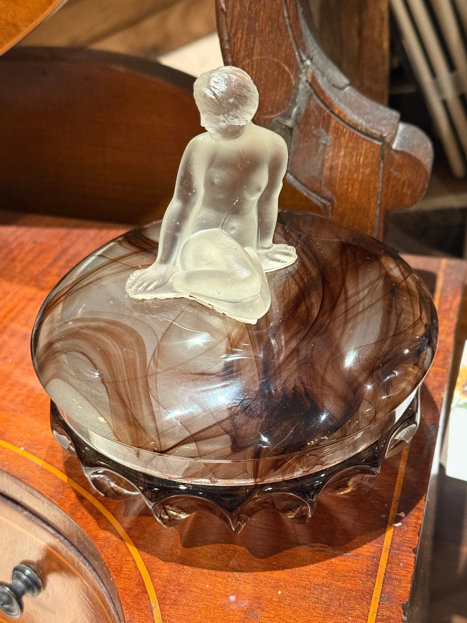 Antique Thomas Davidson Glass Jewelry Box England 1922 With Woman Sculpture - 2