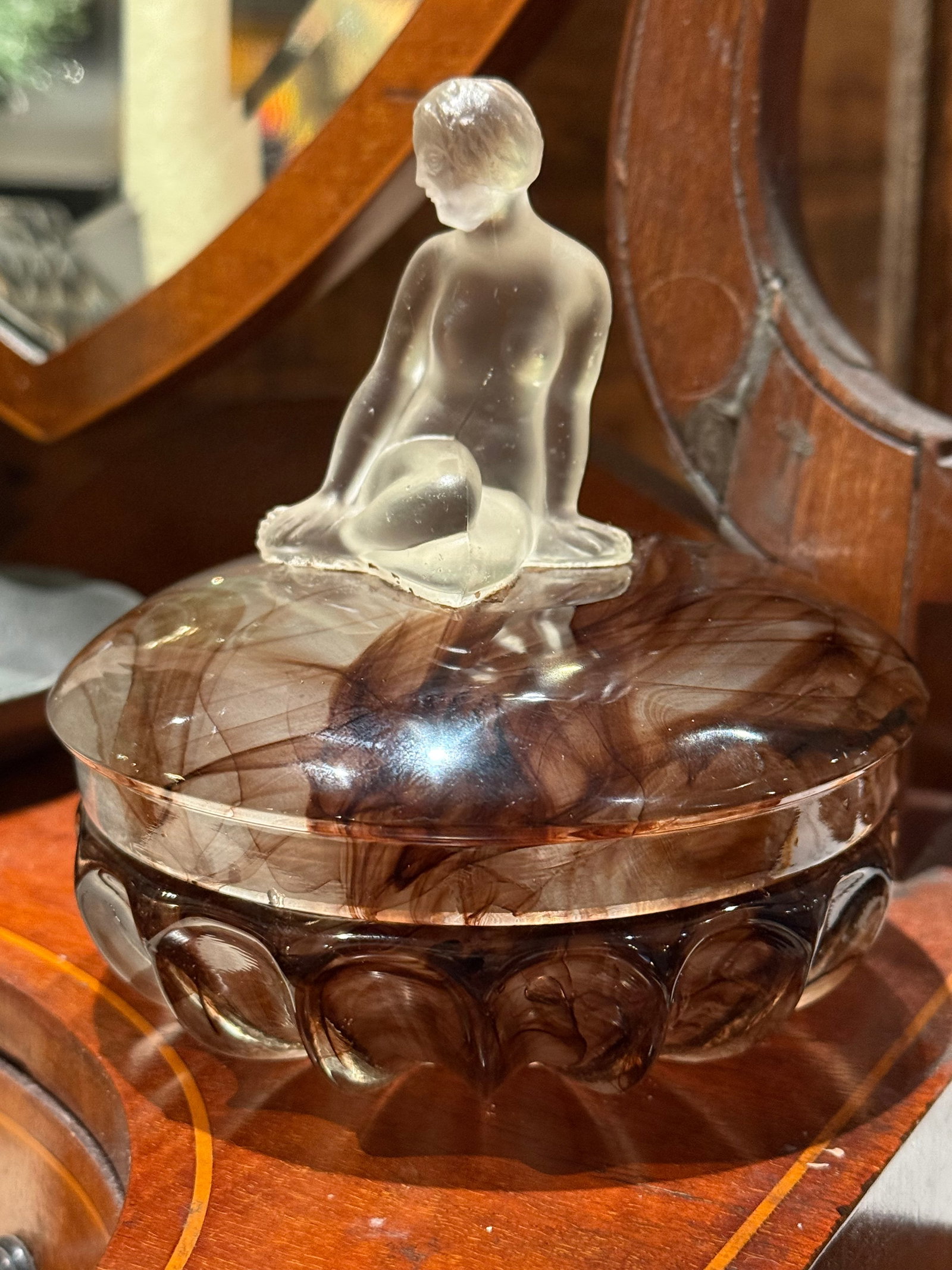 Antique Thomas Davidson Glass Jewelry Box England 1922 With Woman Sculpture - 3