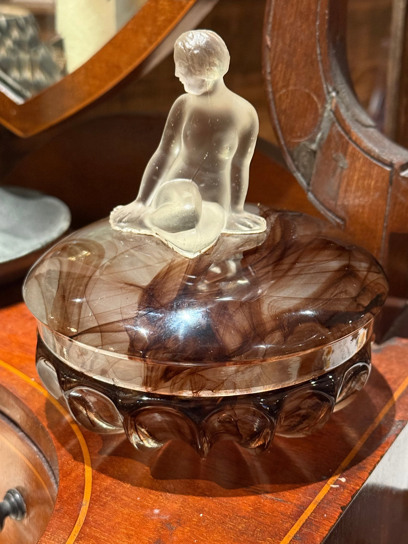 Antique Thomas Davidson Glass Jewelry Box England 1922 With Woman Sculpture - 7